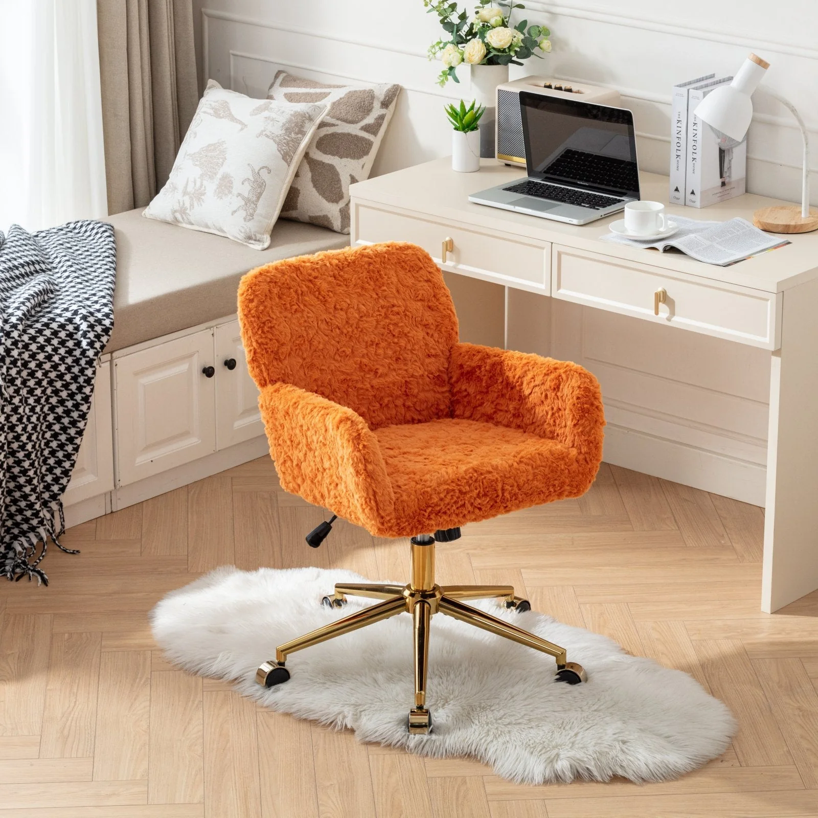 Faux Rabbit Hair Office Chair with Golden Metal Base, Adjustable Swivel - Image 69