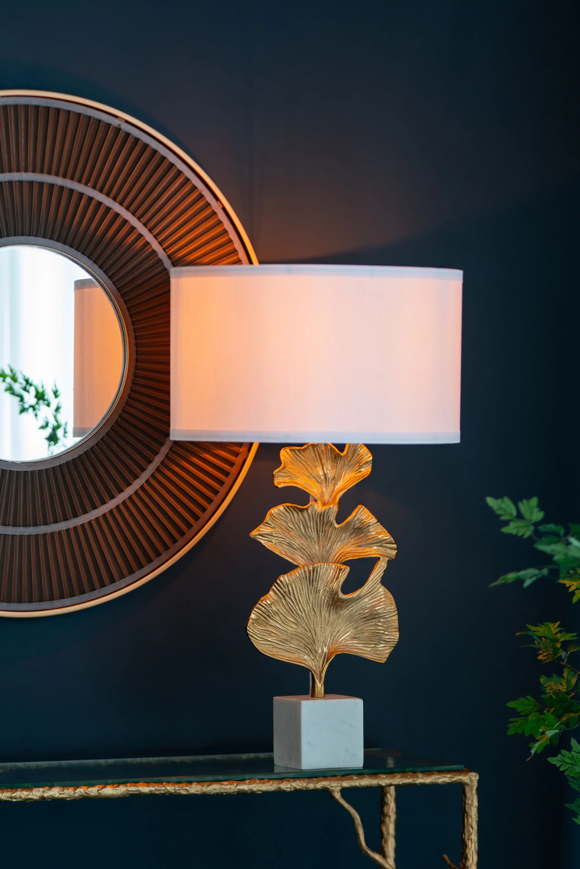 Gold Ginkgo Leaf Table Lamp with Marble Base and White Drum Shade - Image 2