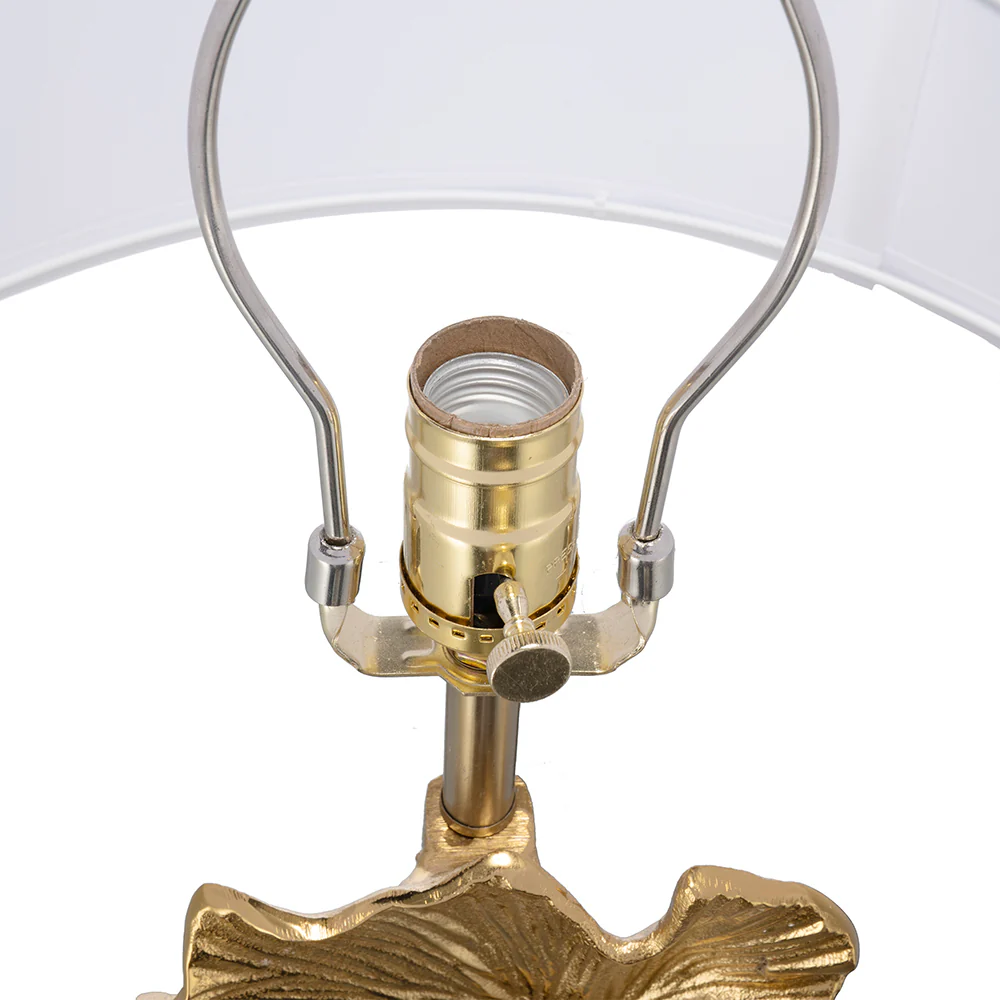 Gold Ginkgo Leaf Table Lamp with Marble Base and White Drum Shade - Image 6