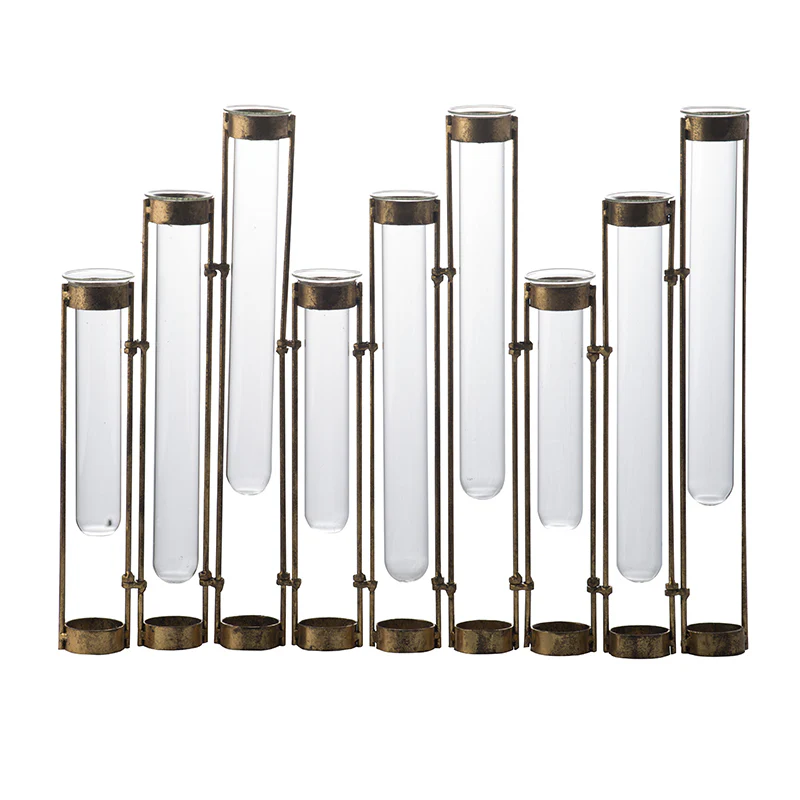 Glass Vial Flower Vase with Bronze Metal Frame