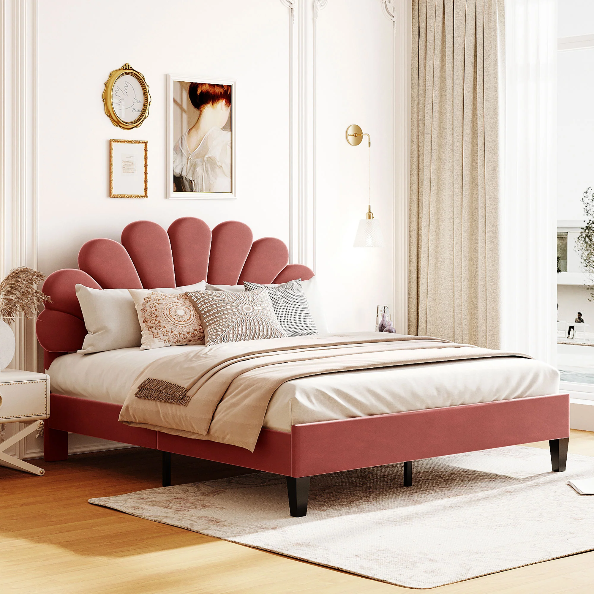 Flower Pattern Velvet Upholstered Bed - Image 13