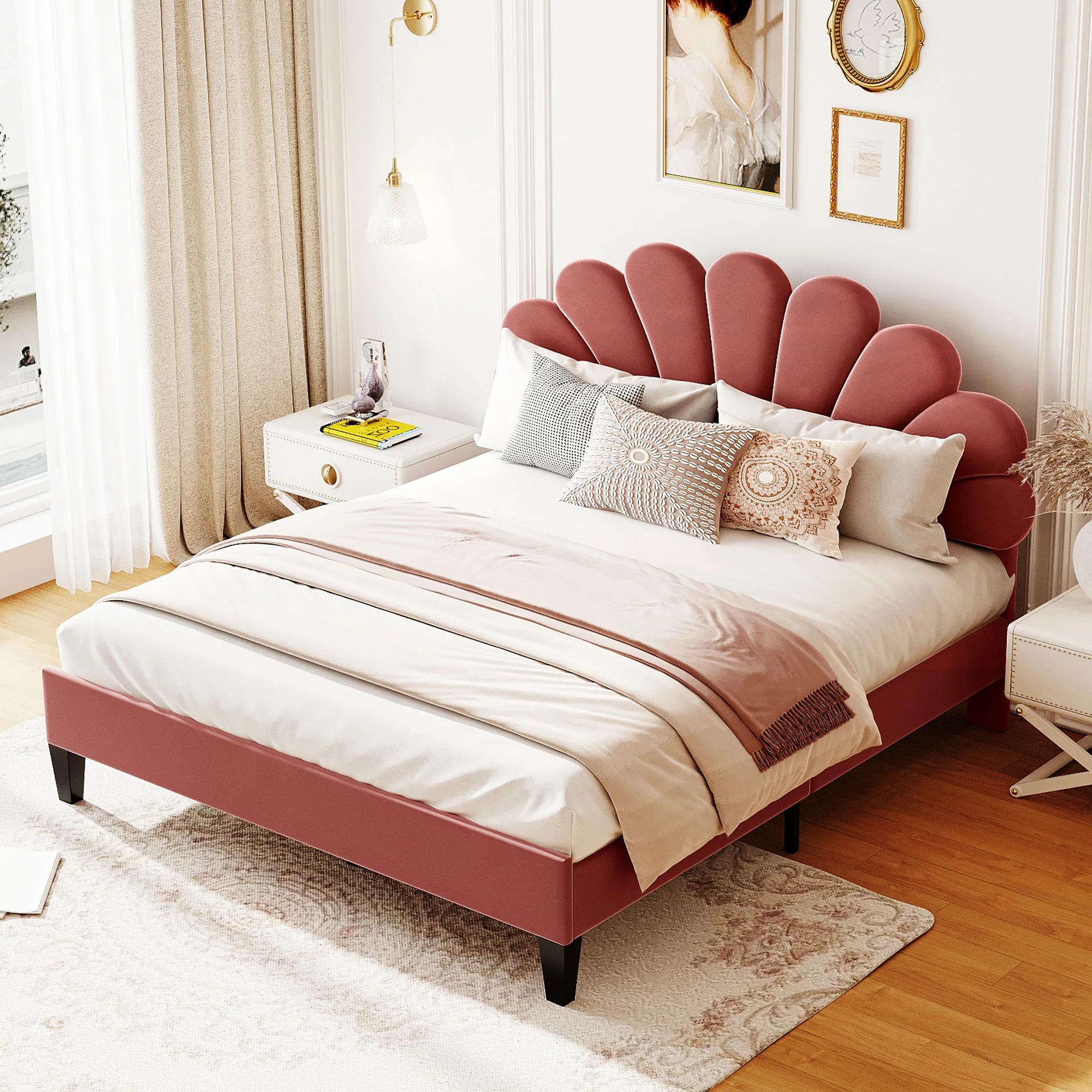 Flower Pattern Velvet Upholstered Bed - Image 14