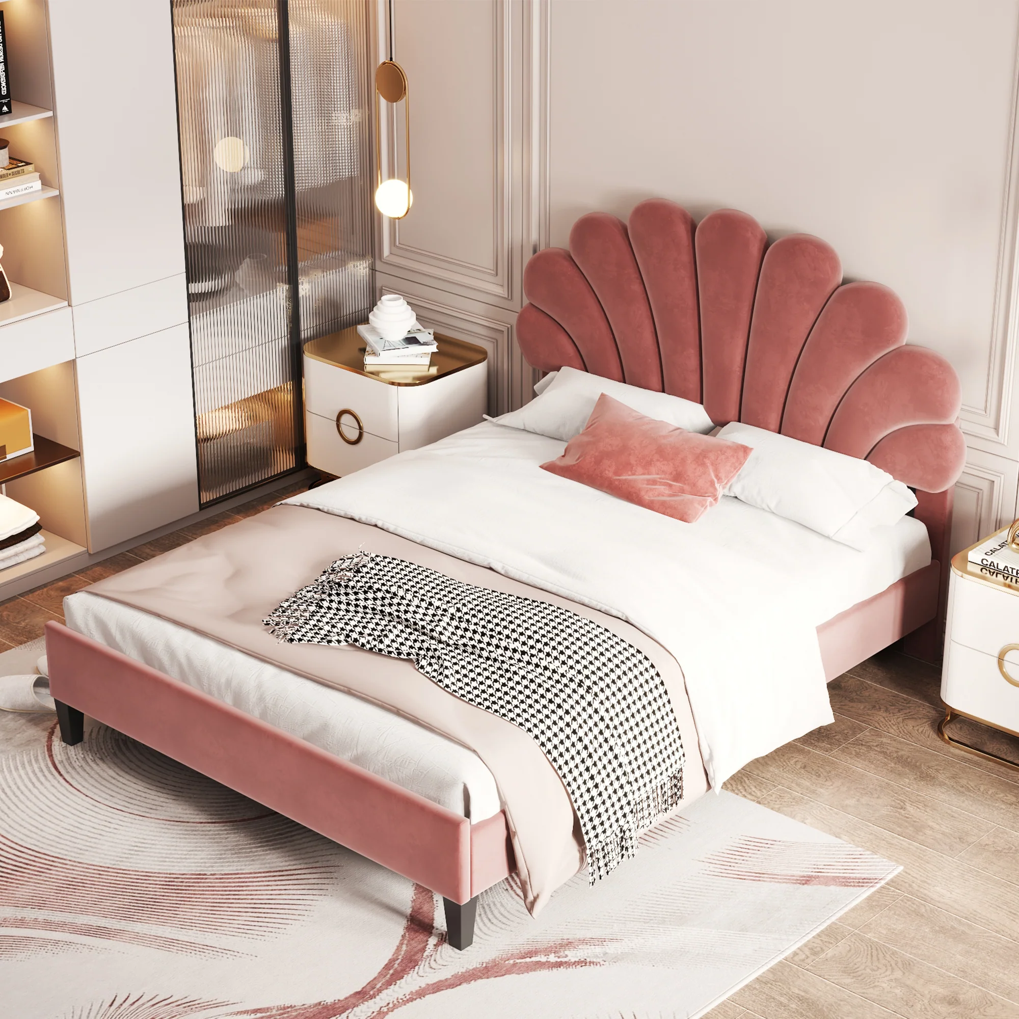 Flower Pattern Velvet Upholstered Bed - Image 8