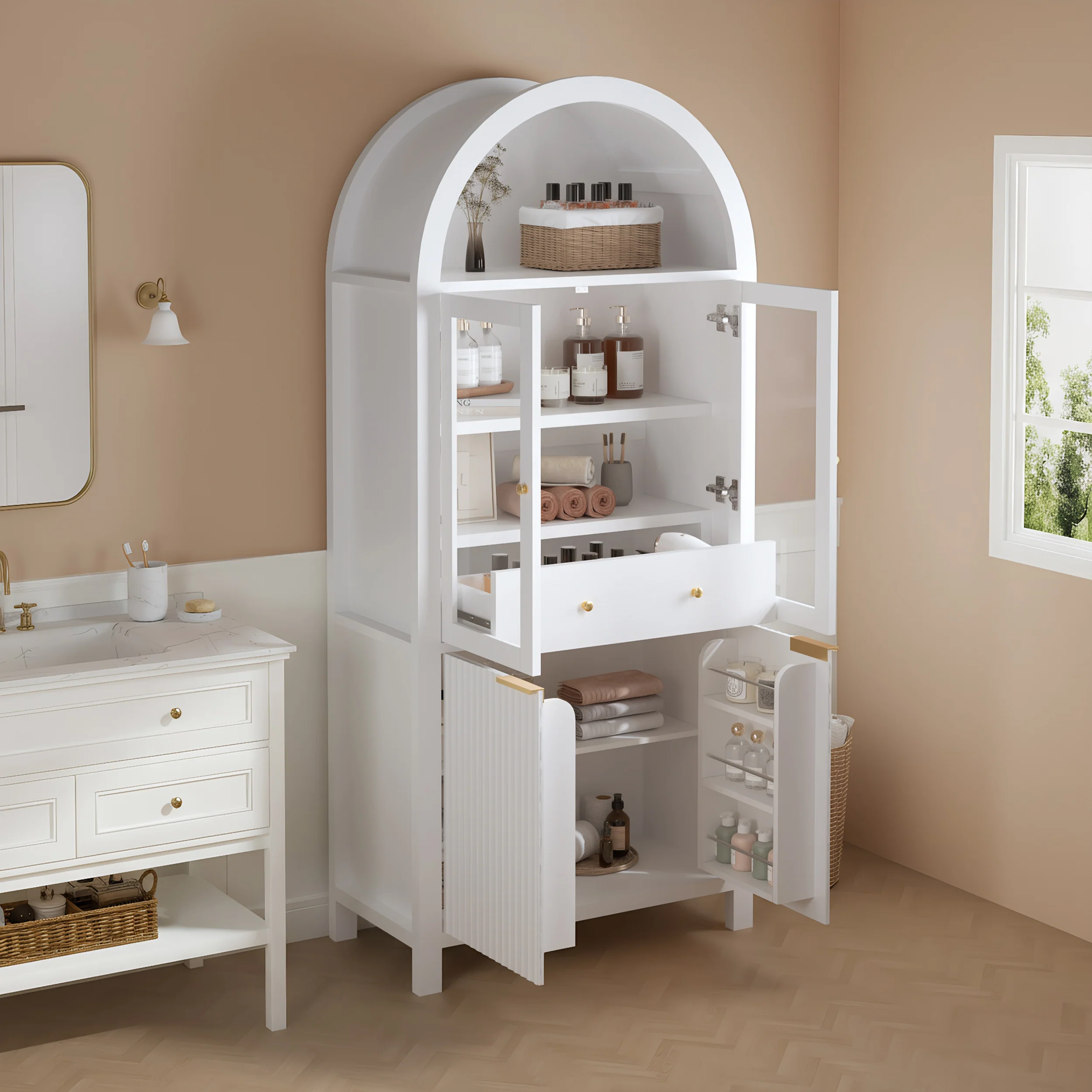 Fluted Arched Storage Cabinet with Adjustable Shelves - Image 27