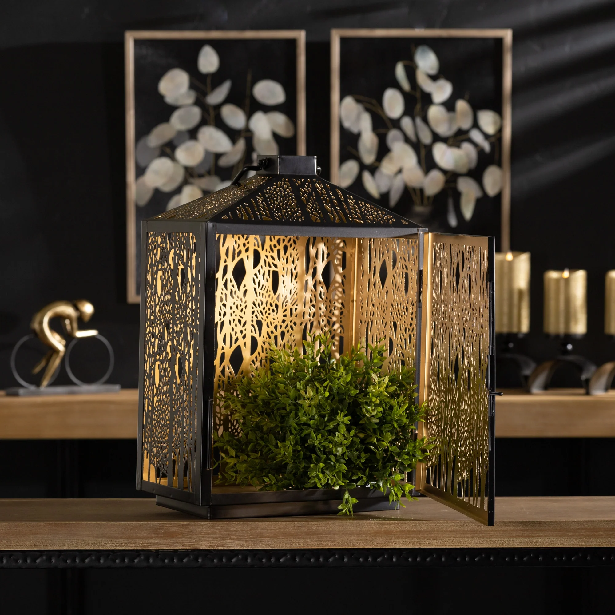 Forest Cut Metal Lantern with Gold Accent - Image 2