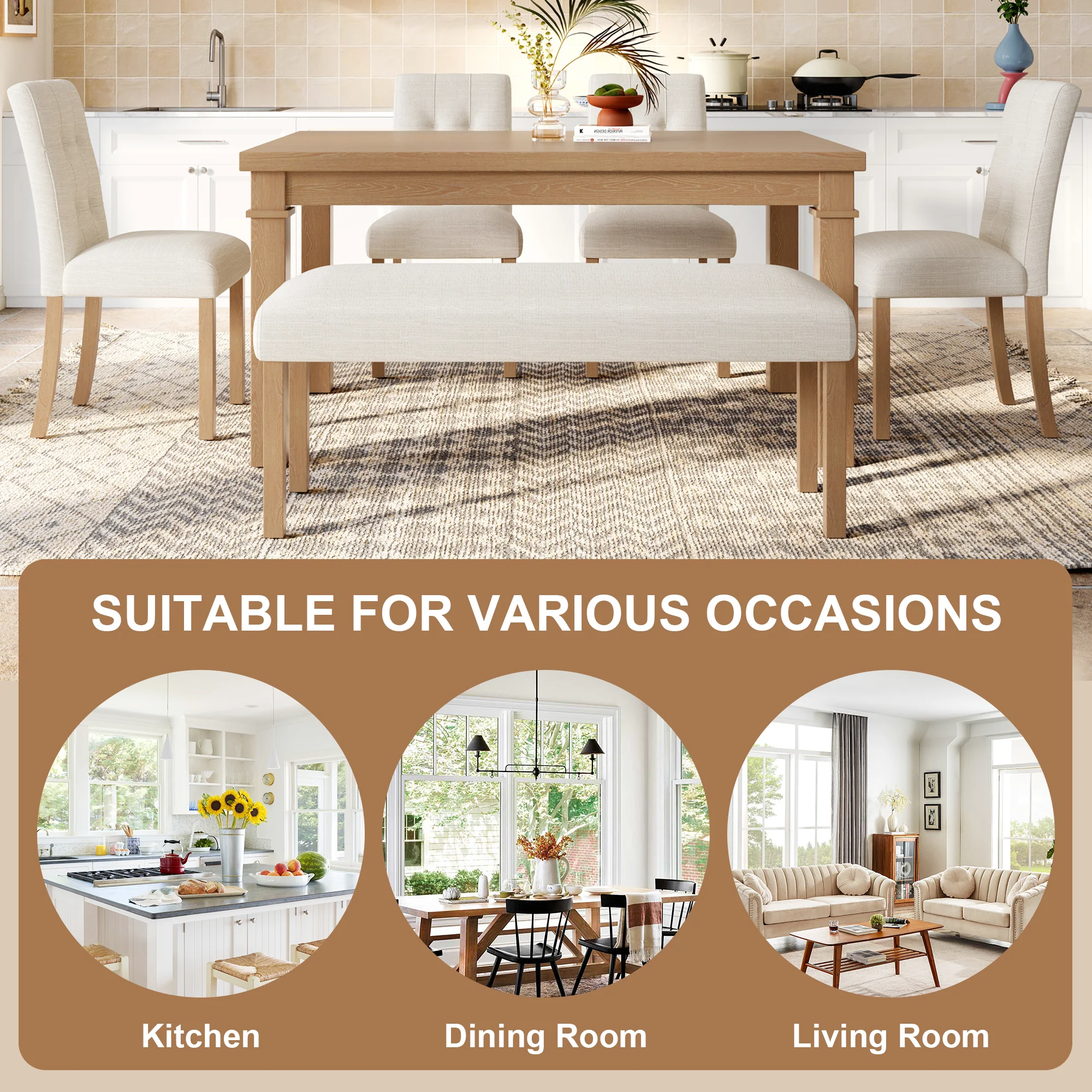 Franklin Modern 6-Piece Dining Set with 4 Upholstered Chairs & Bench - Image 43