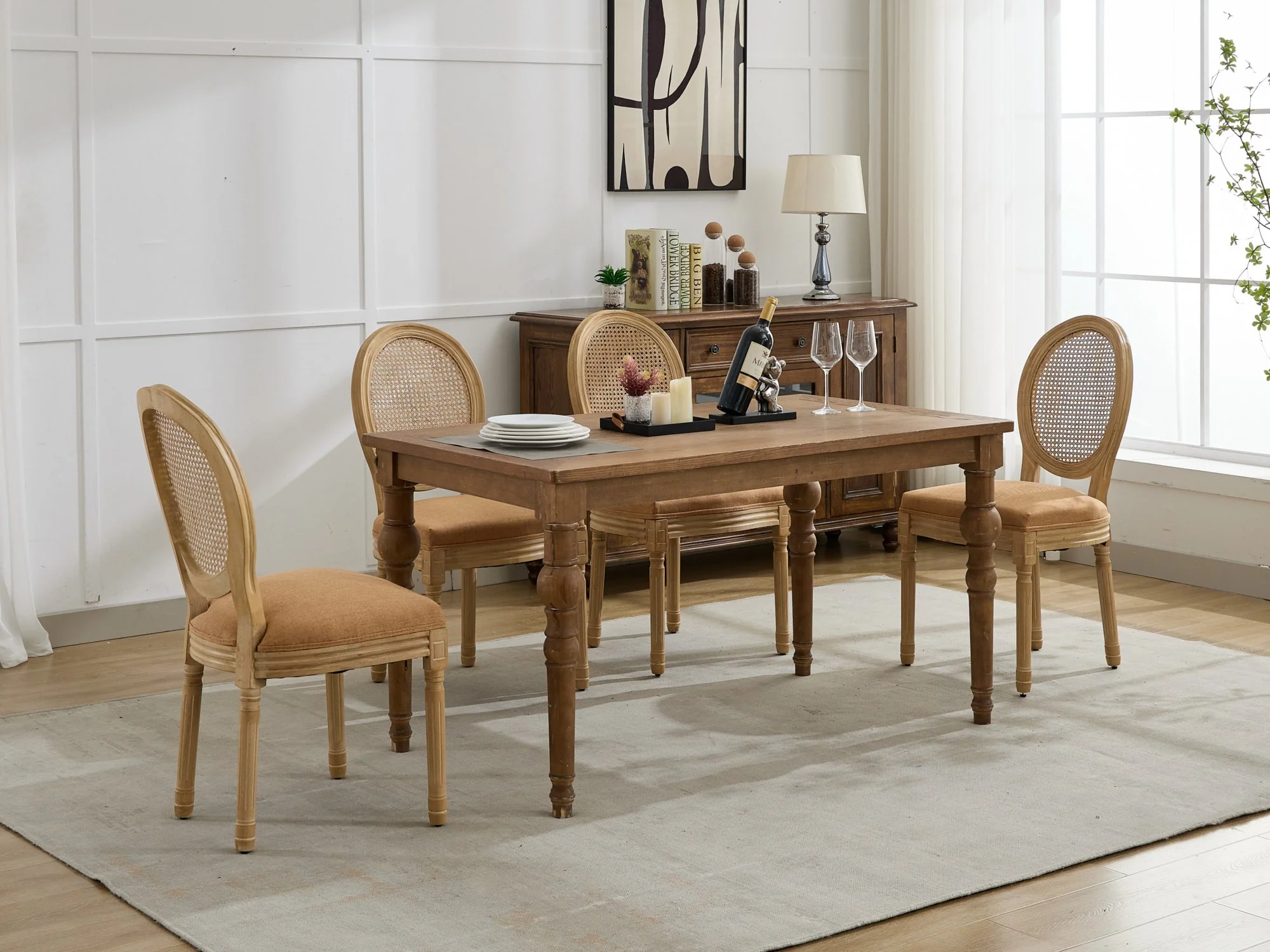 French Country Dining Chairs with Round Rattan Backrest, Set of 2 - Image 48