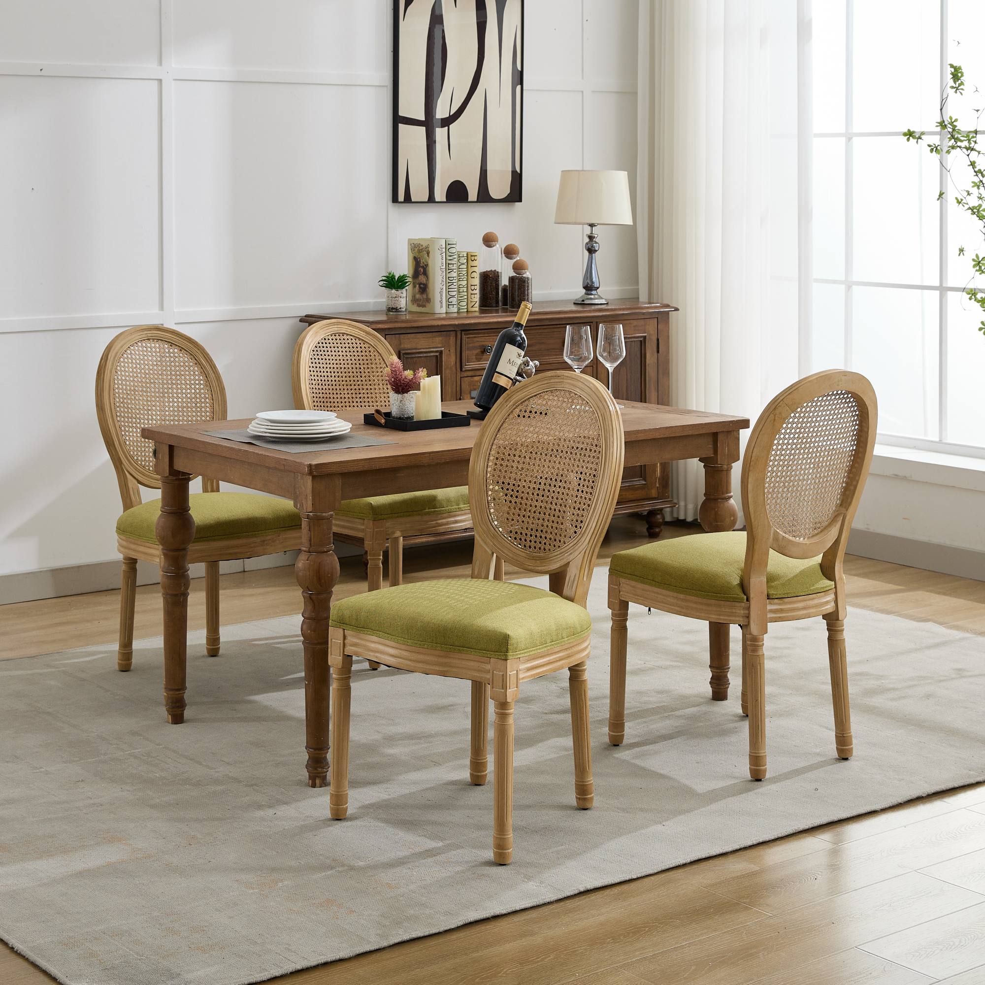 French Country Dining Chairs with Round Rattan Backrest, Set of 2 - Image 65
