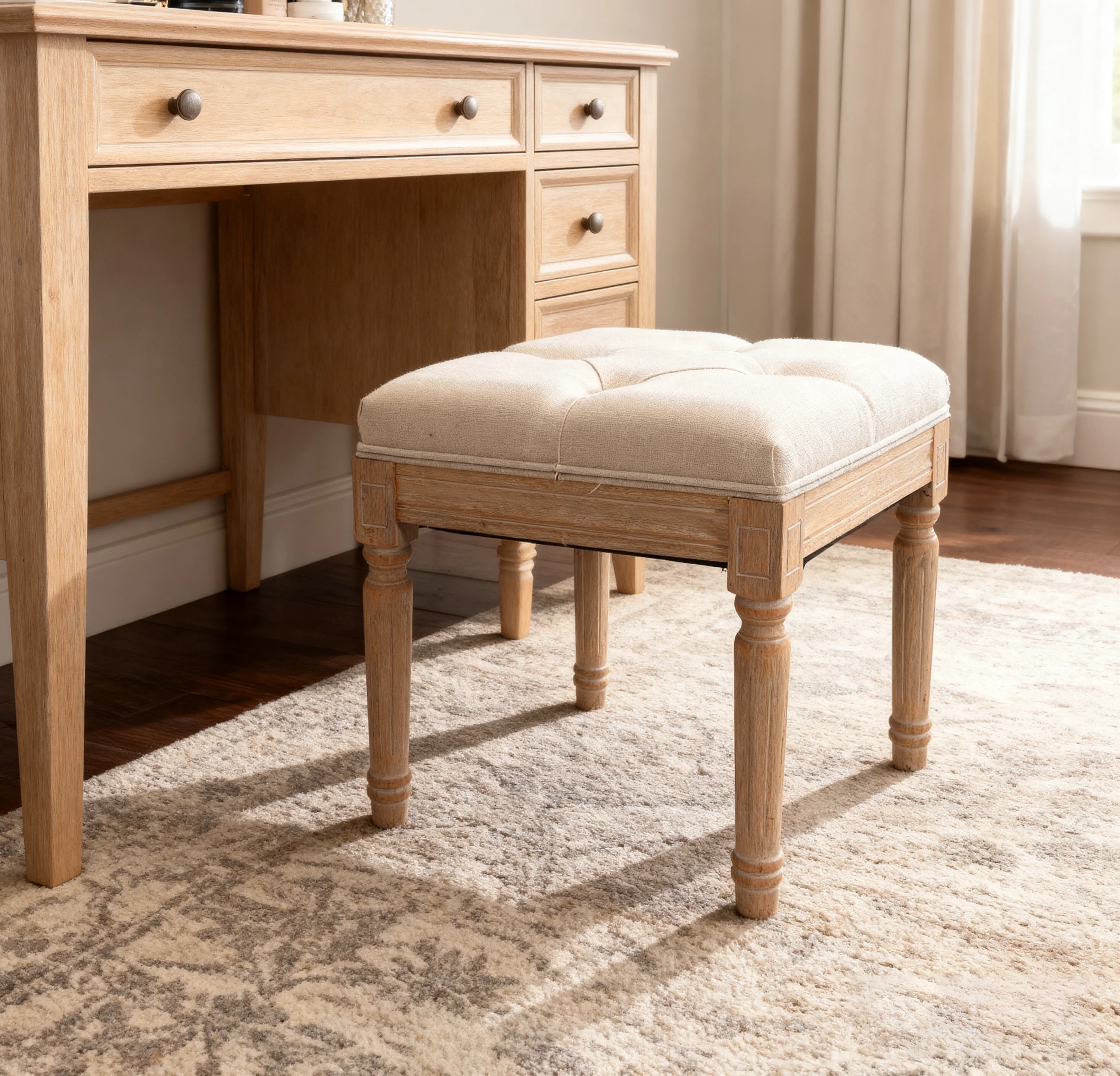 French Country Square Tufted Upholstered Stool - Image 9