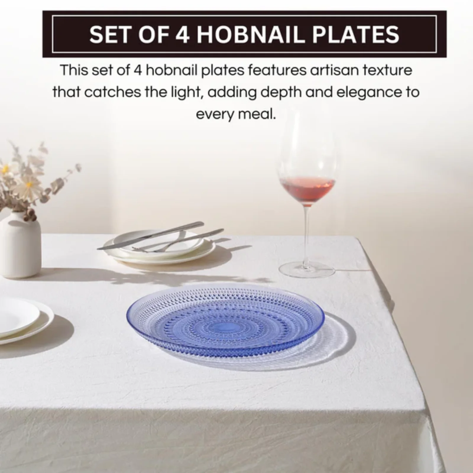 Glass Hobnail Dinner Plates Light Blue, Set of 4 - Image 2