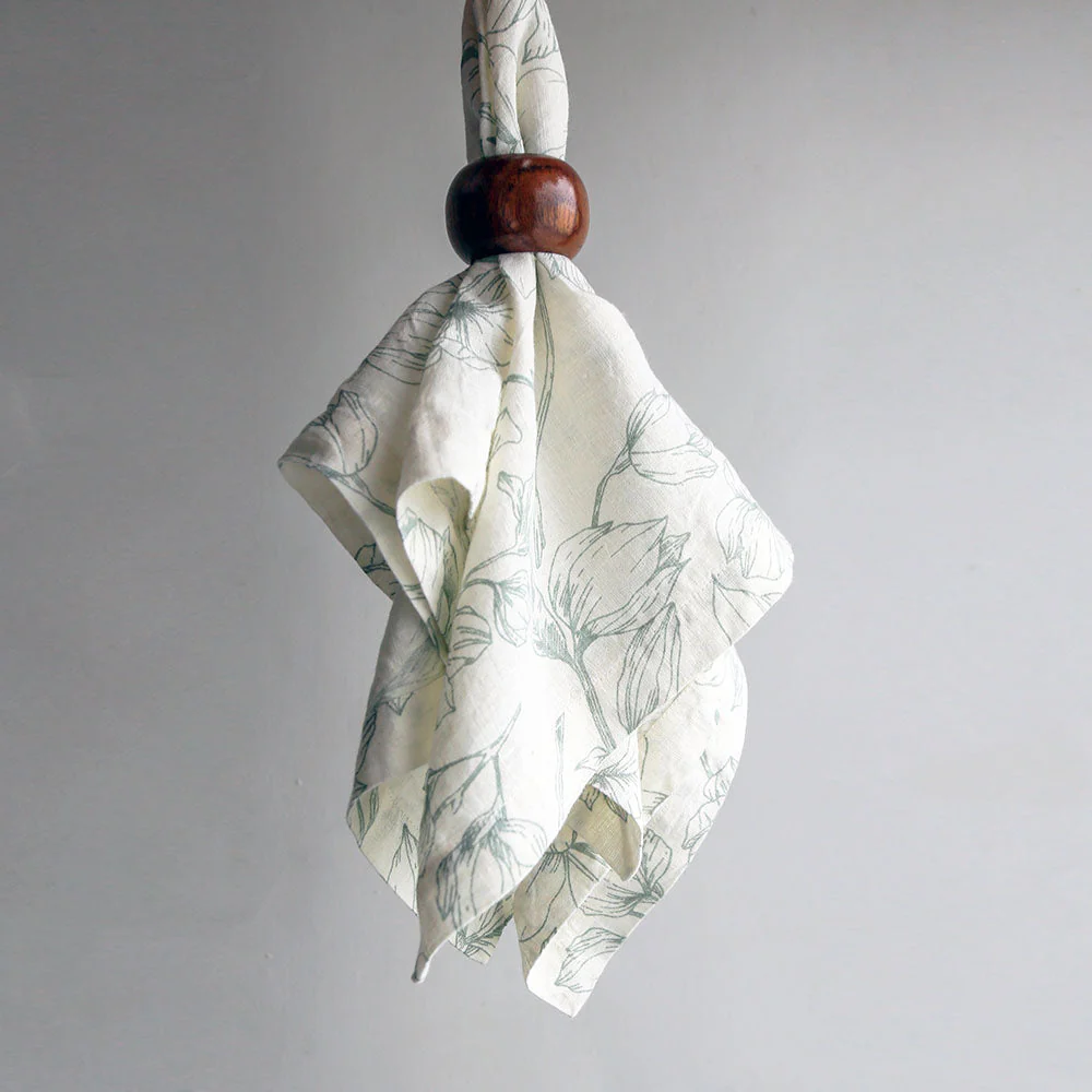 Handcrafted Linen Lilies Napkins in Grey and Green, Set of 4