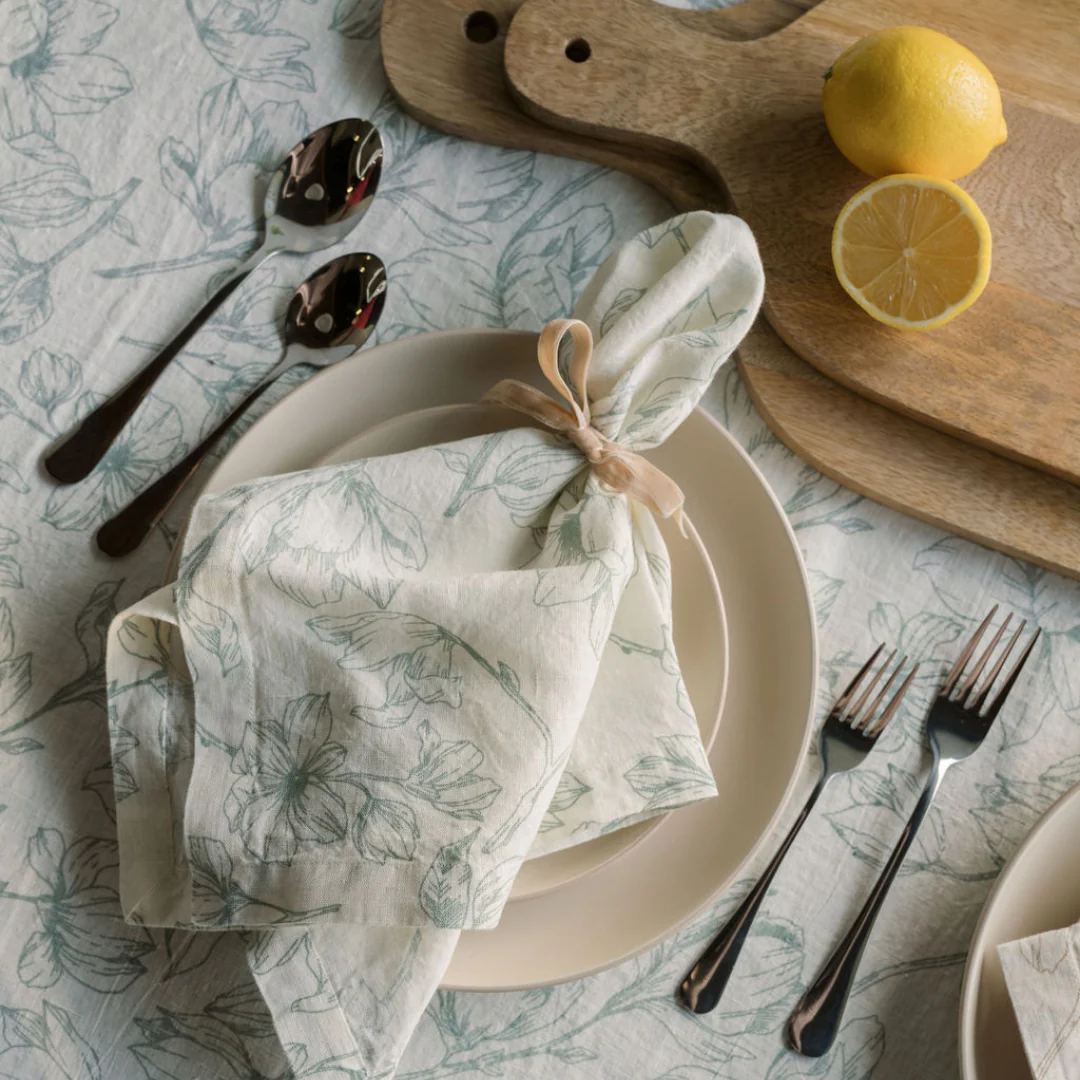 Handcrafted Linen Lilies Tablecloth in Grey, 70 x 80in - Image 4