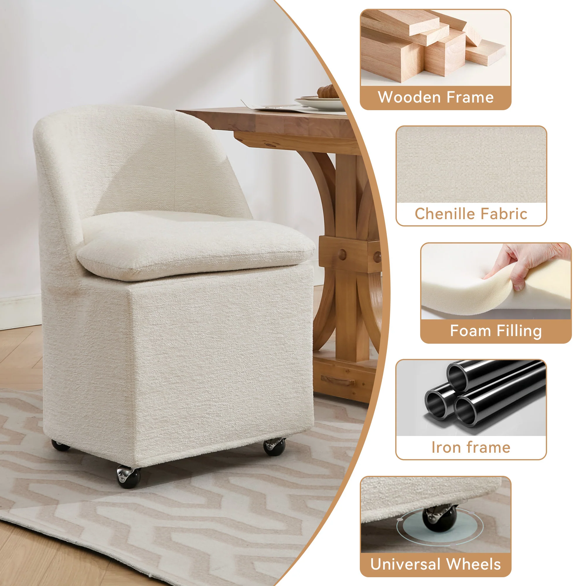 Greymont Chenille Upholstered Armless Dining Chairs With Wheels, Set of 2 - Image 4