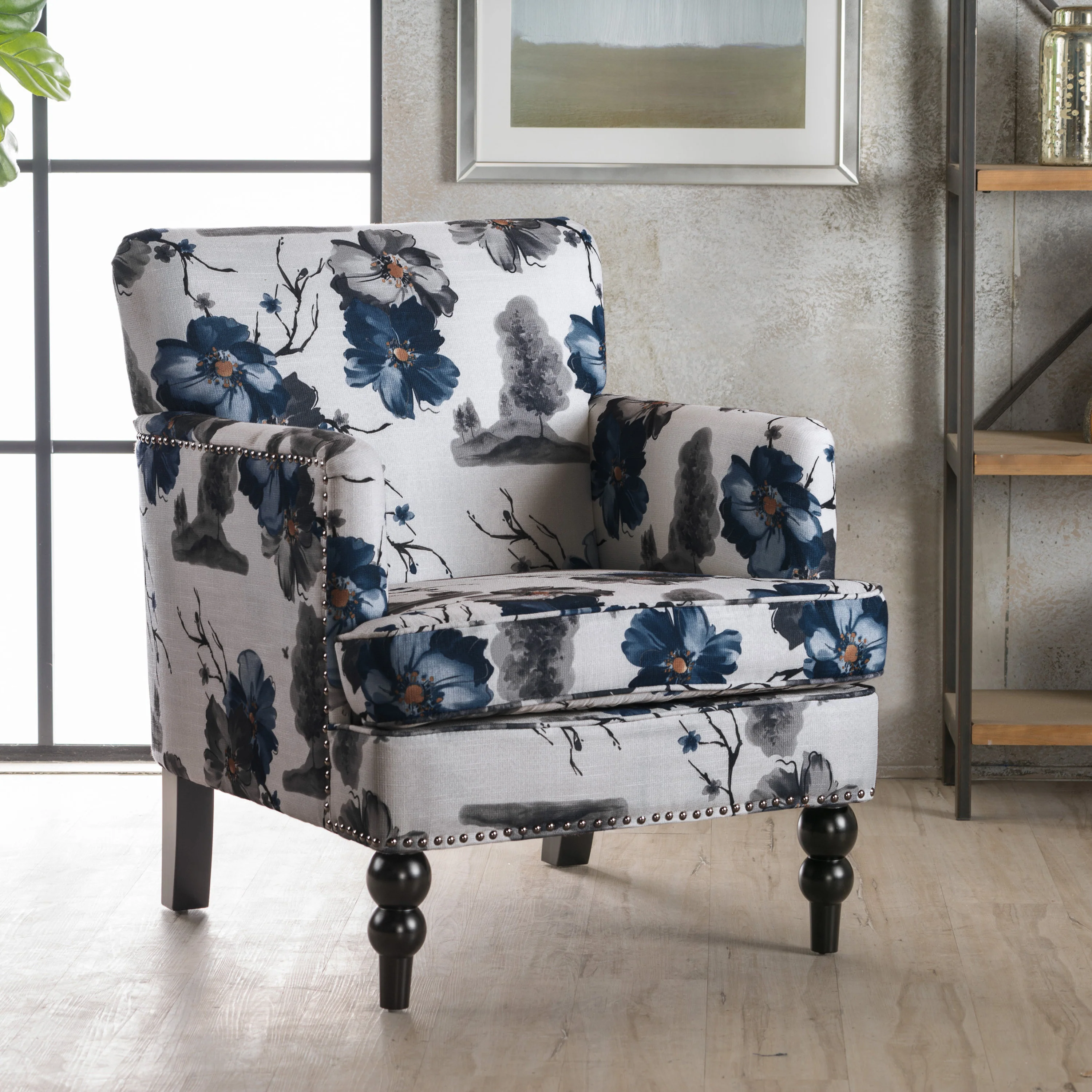 Harrison Blue Floral Tufted Nailhead Accent Chair with Wood Legs - Image 2