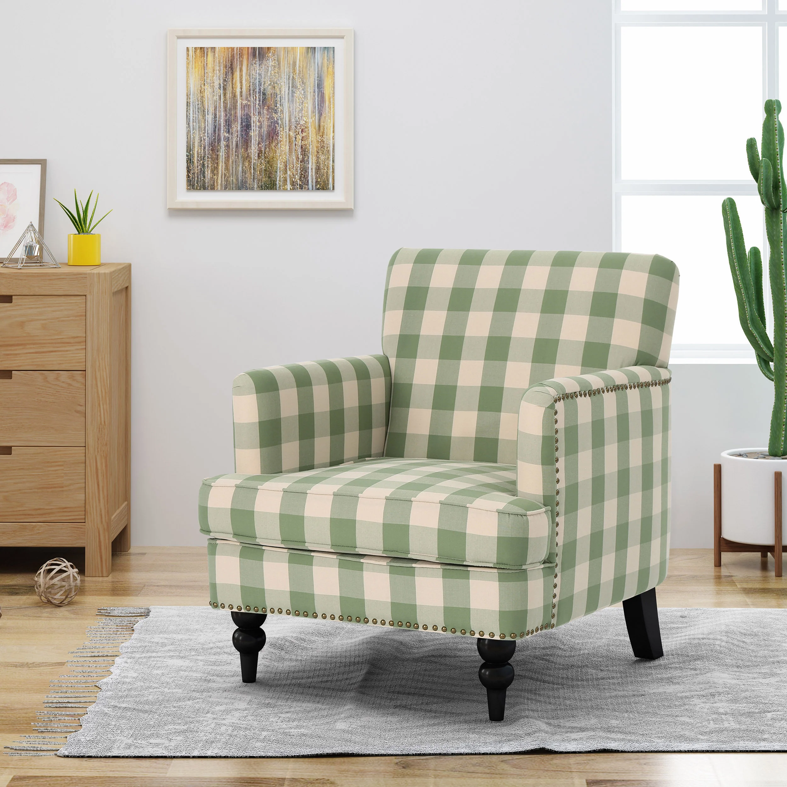 Harrison Green Gingham Tufted Nailhead Accent Chair with Wood Legs - Image 2