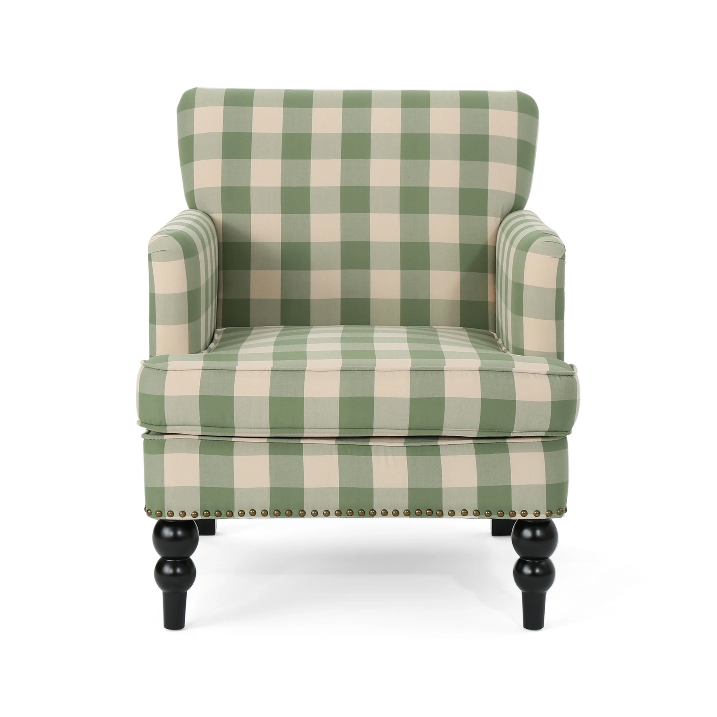 Harrison Green Gingham Tufted Nailhead Accent Chair with Wood Legs - Image 3