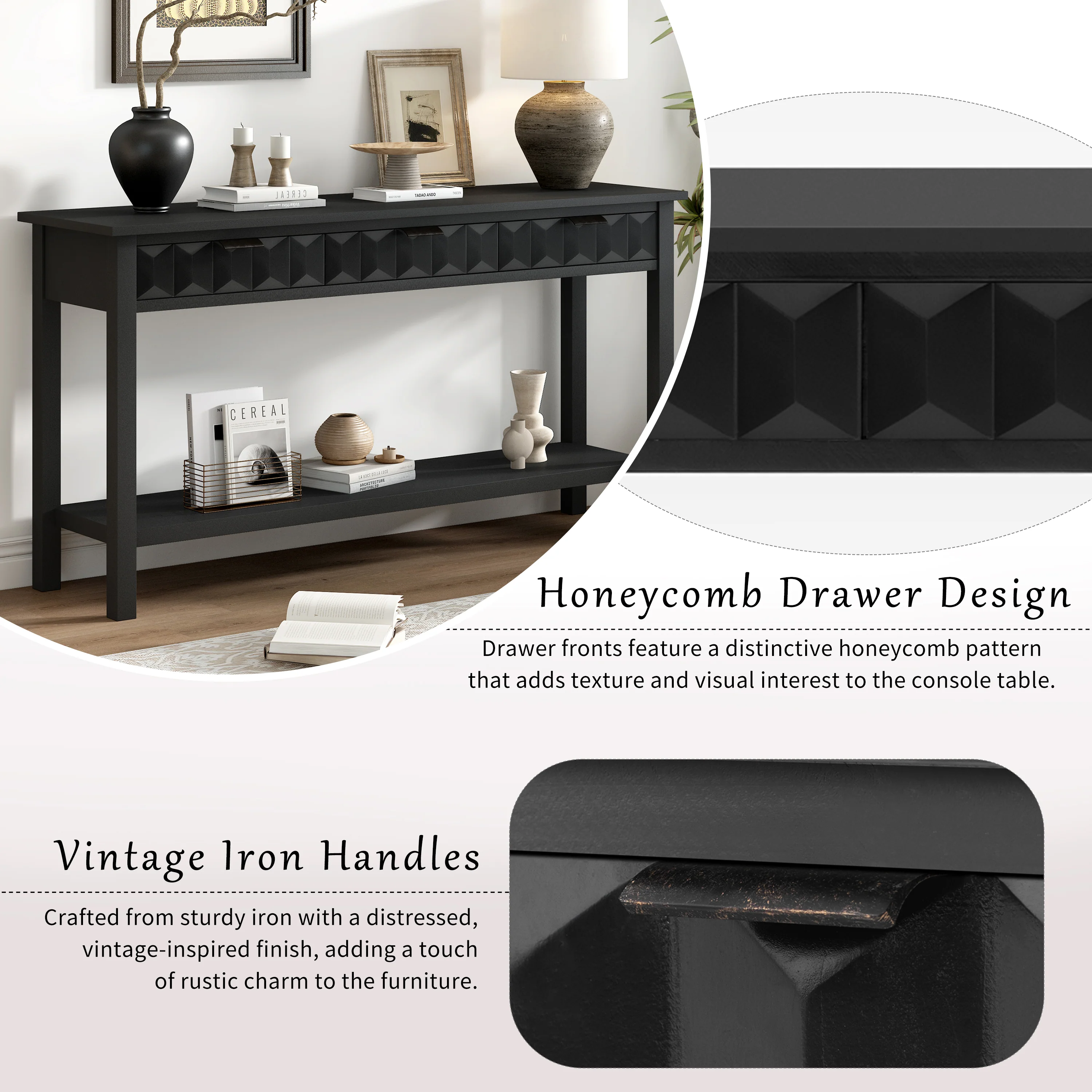 Honeycomb Pattern Console Table with 3 Drawers - Image 11