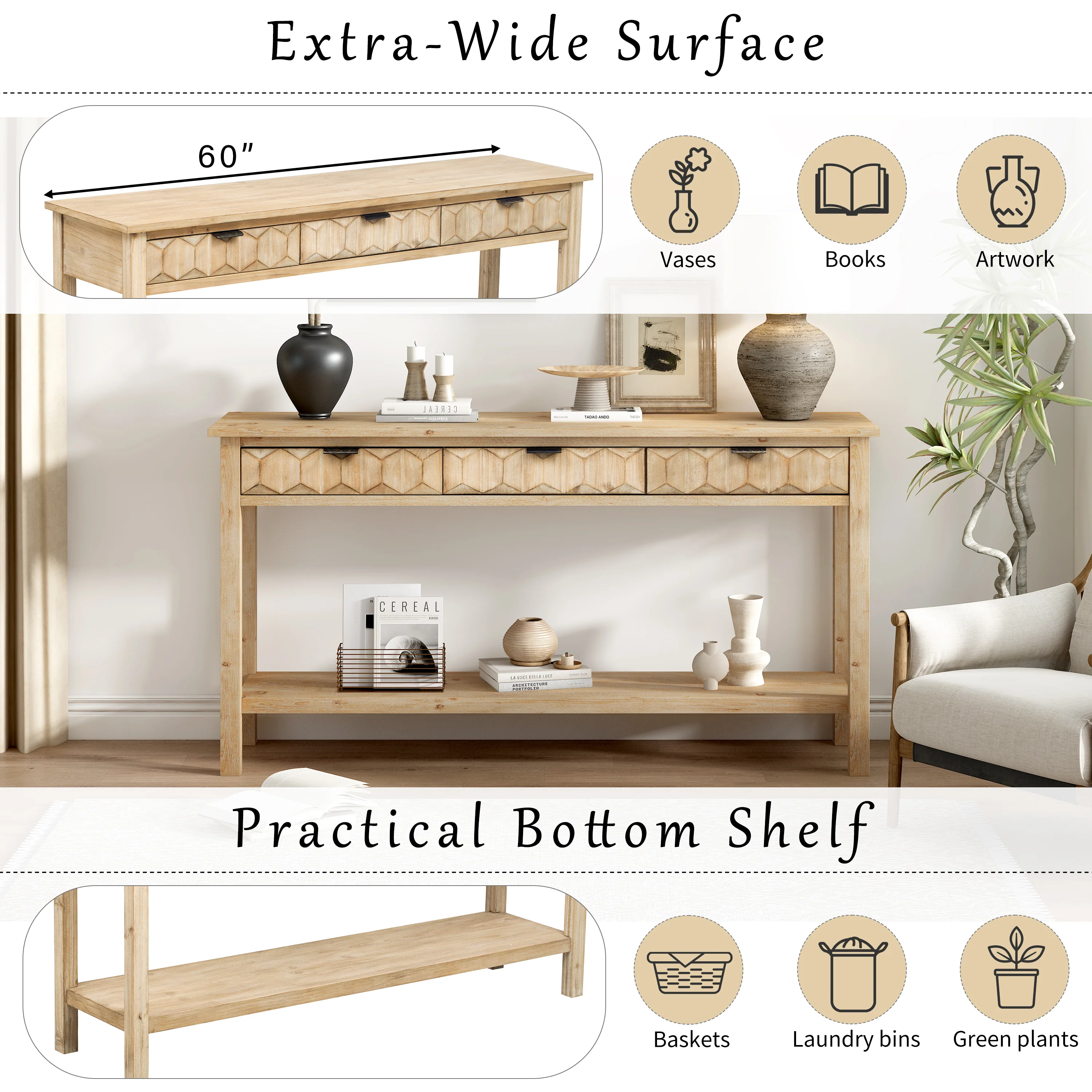 Honeycomb Pattern Console Table with 3 Drawers - Image 22