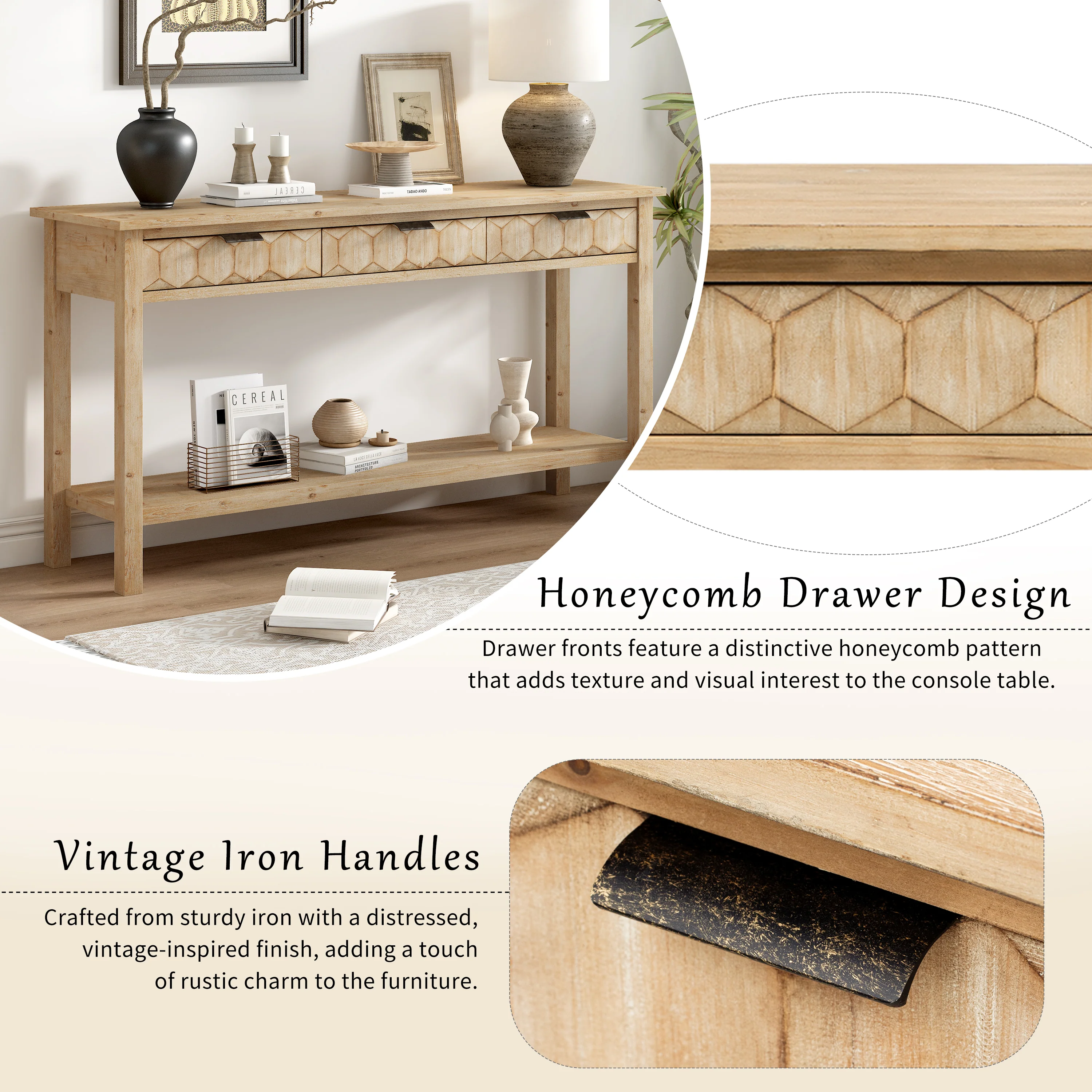 Honeycomb Pattern Console Table with 3 Drawers - Image 24