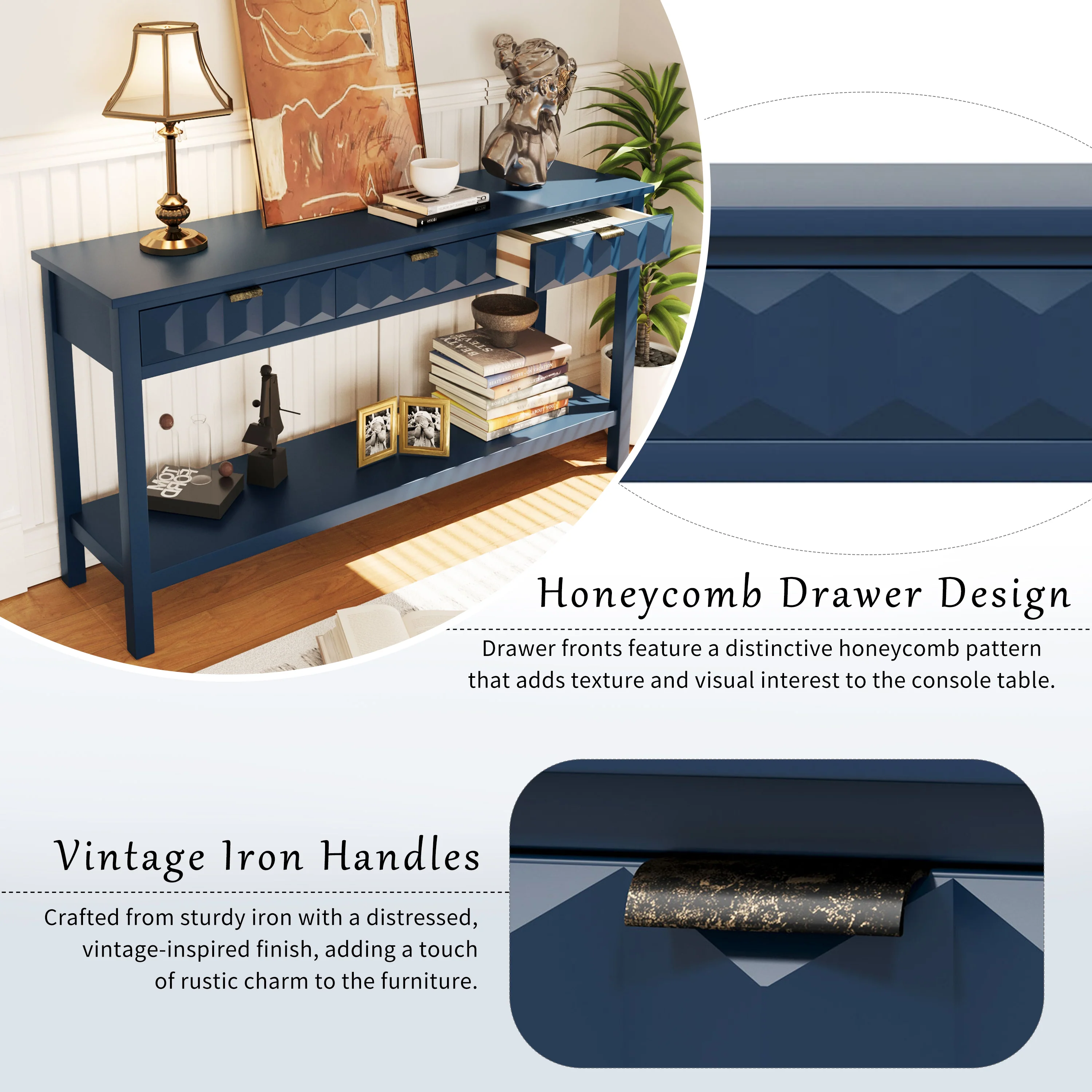 Honeycomb Pattern Console Table with 3 Drawers - Image 35