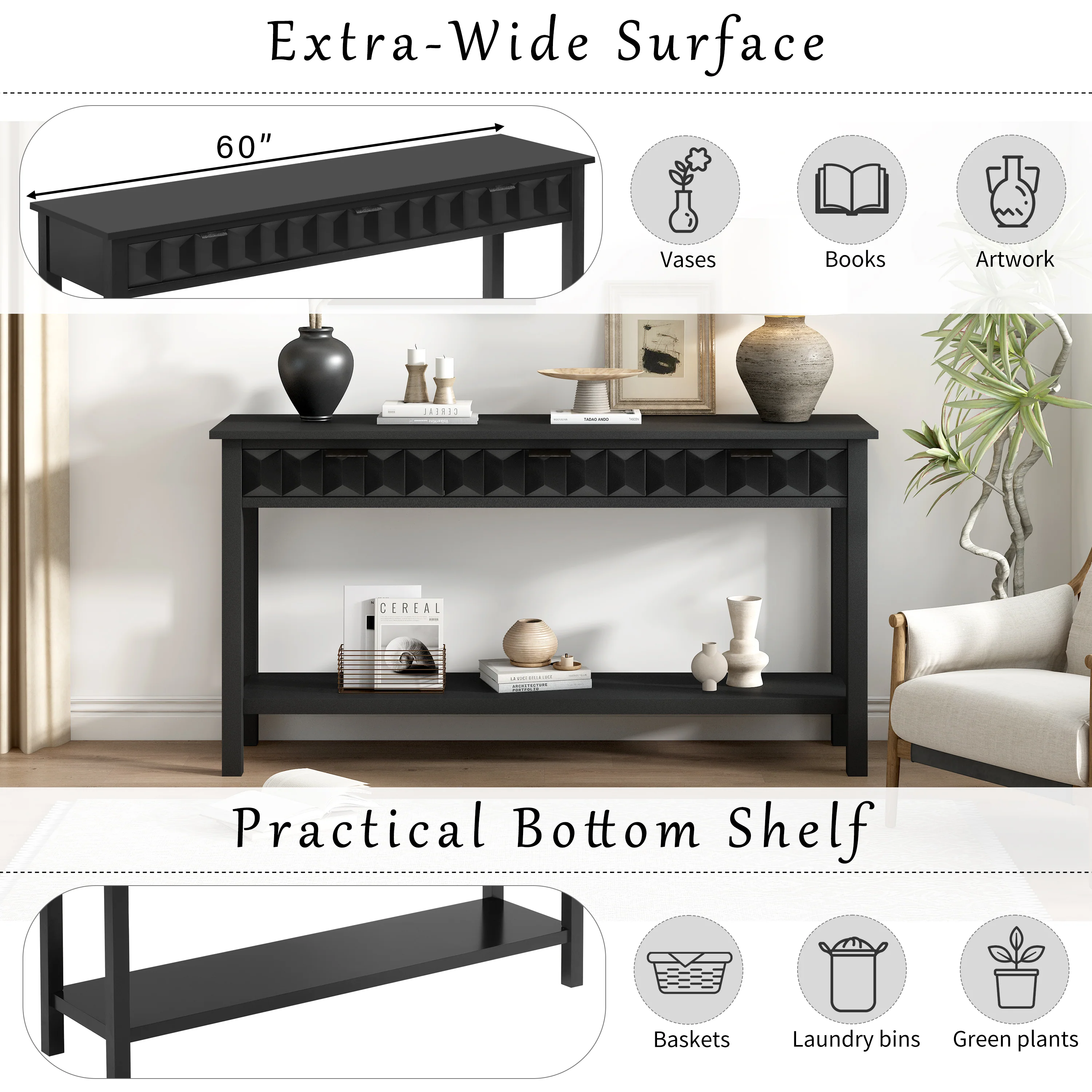 Honeycomb Pattern Console Table with 3 Drawers - Image 9
