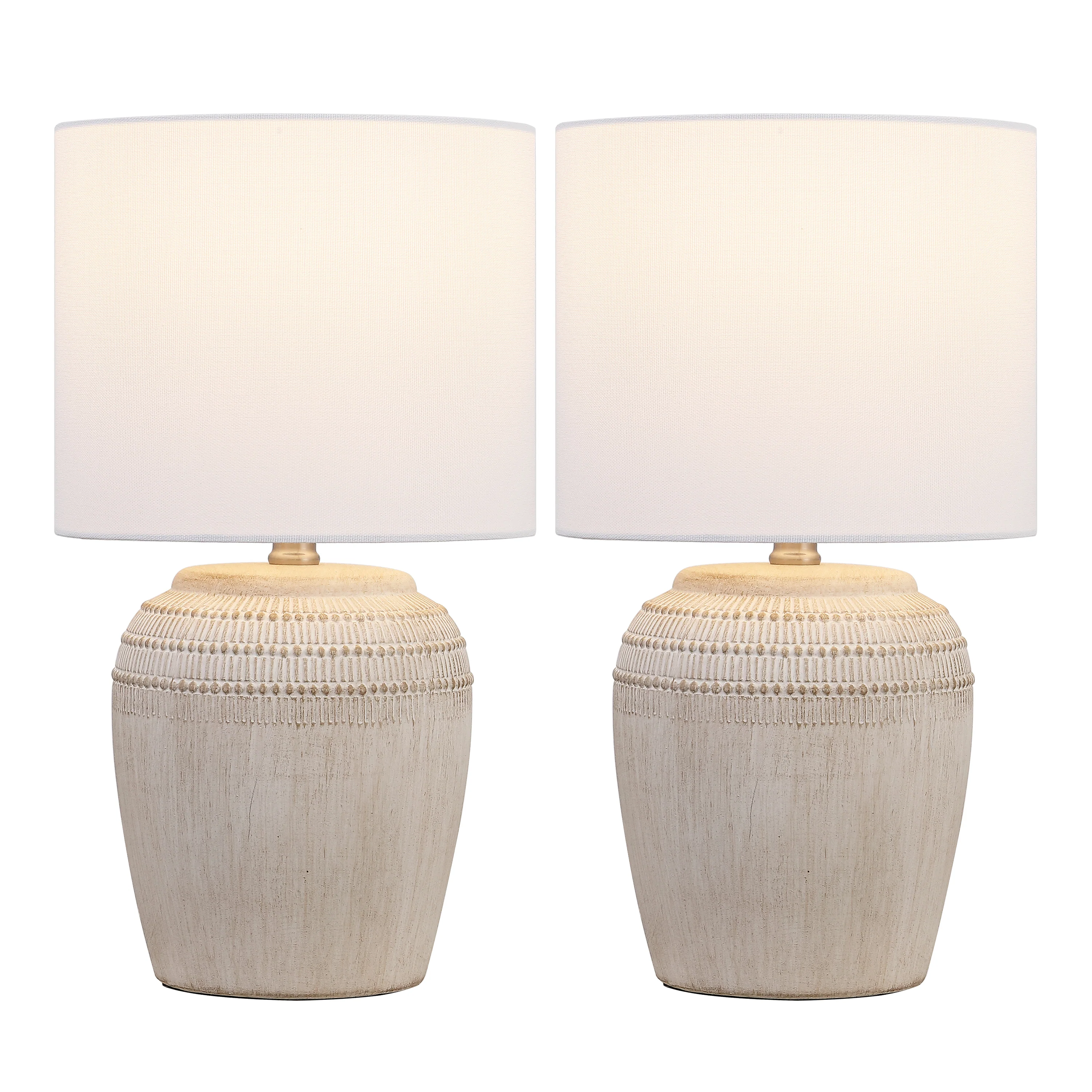 Hugo 16.75" Traditional Rustic Reeded Ceramic Vase LED Table Lamp, Set of 2