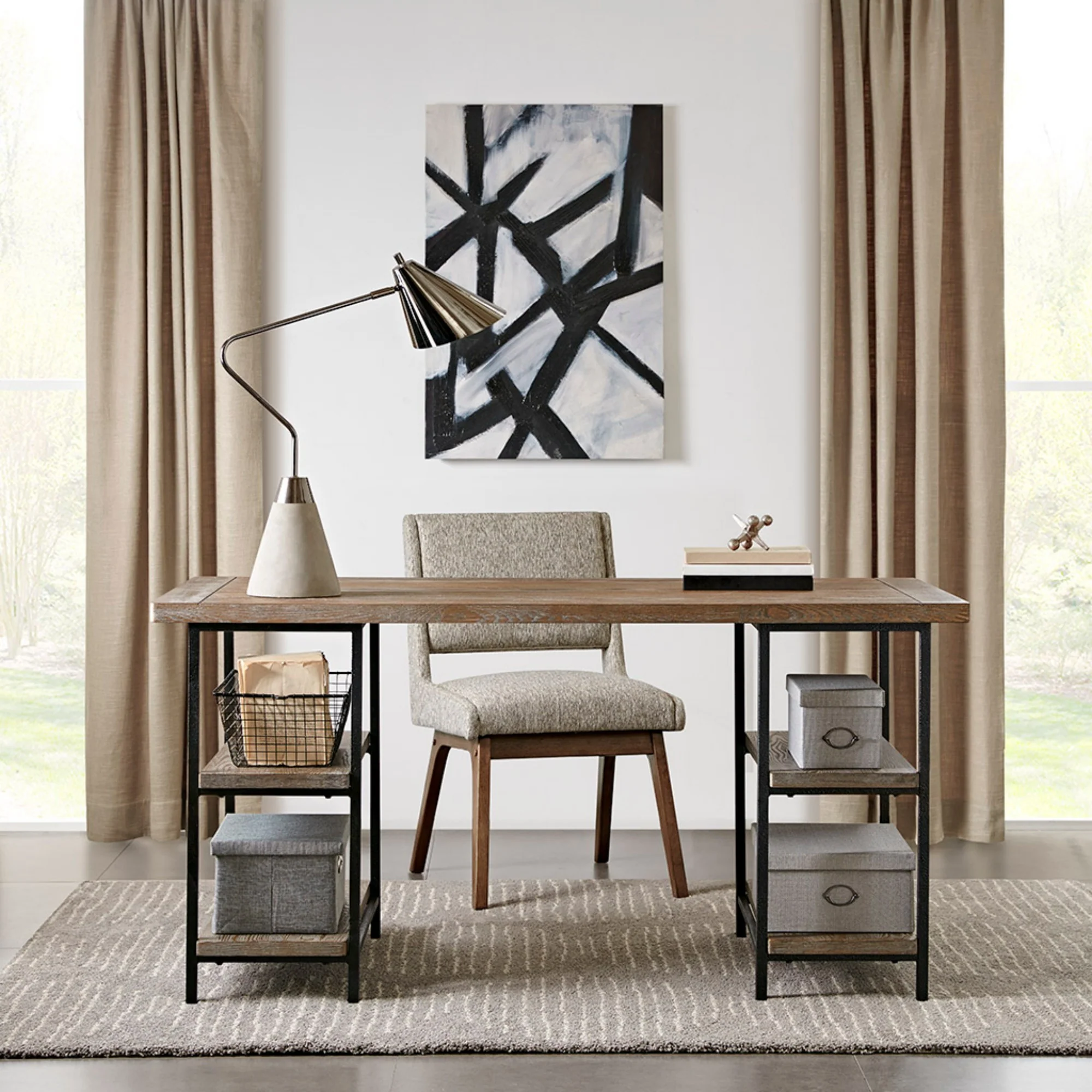 Industrial Style Metal Frame Accent Desk with Side Shelving - Image 2