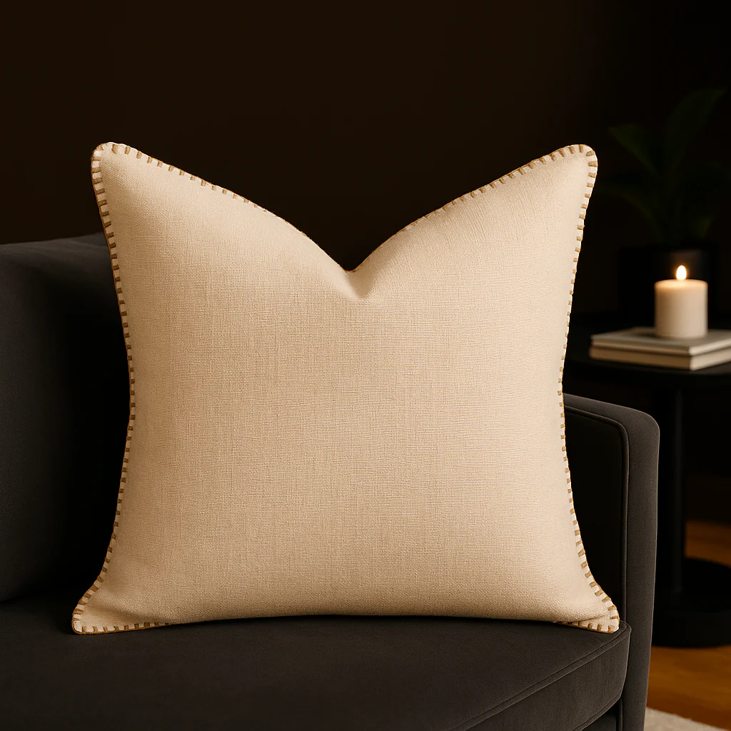 Ivory Linen-Style Throw Pillow with Decorative Stitching - Image 2