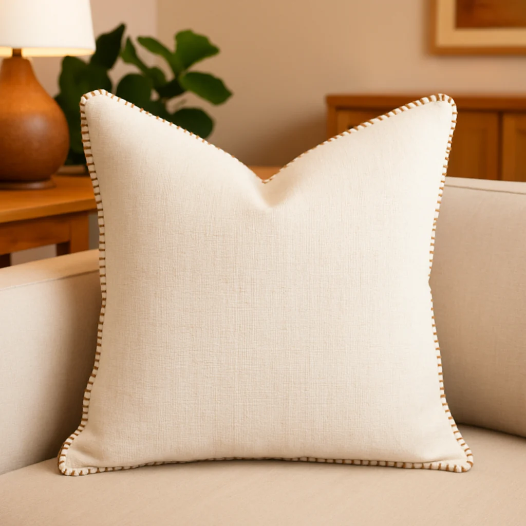 Ivory Linen-Style Throw Pillow with Decorative Stitching - Image 3