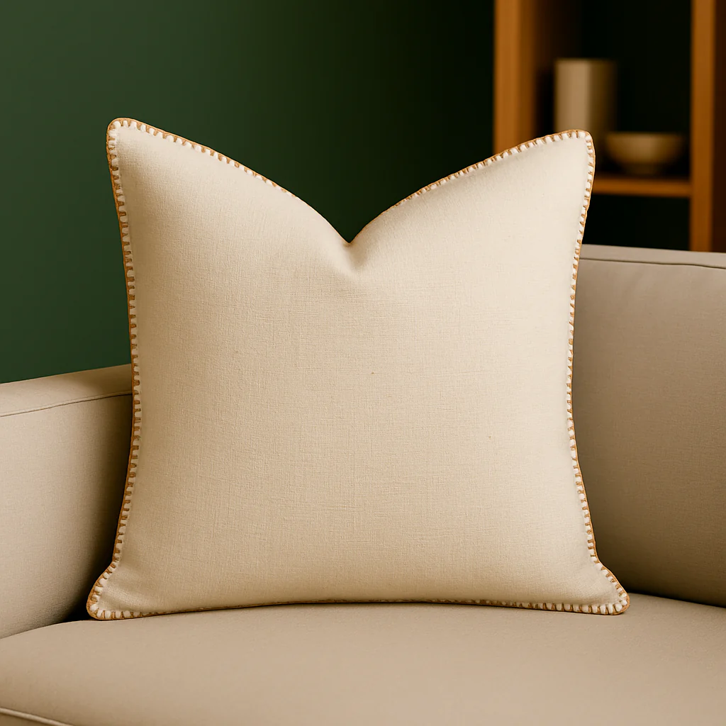 Ivory Linen-Style Throw Pillow with Decorative Stitching - Image 4
