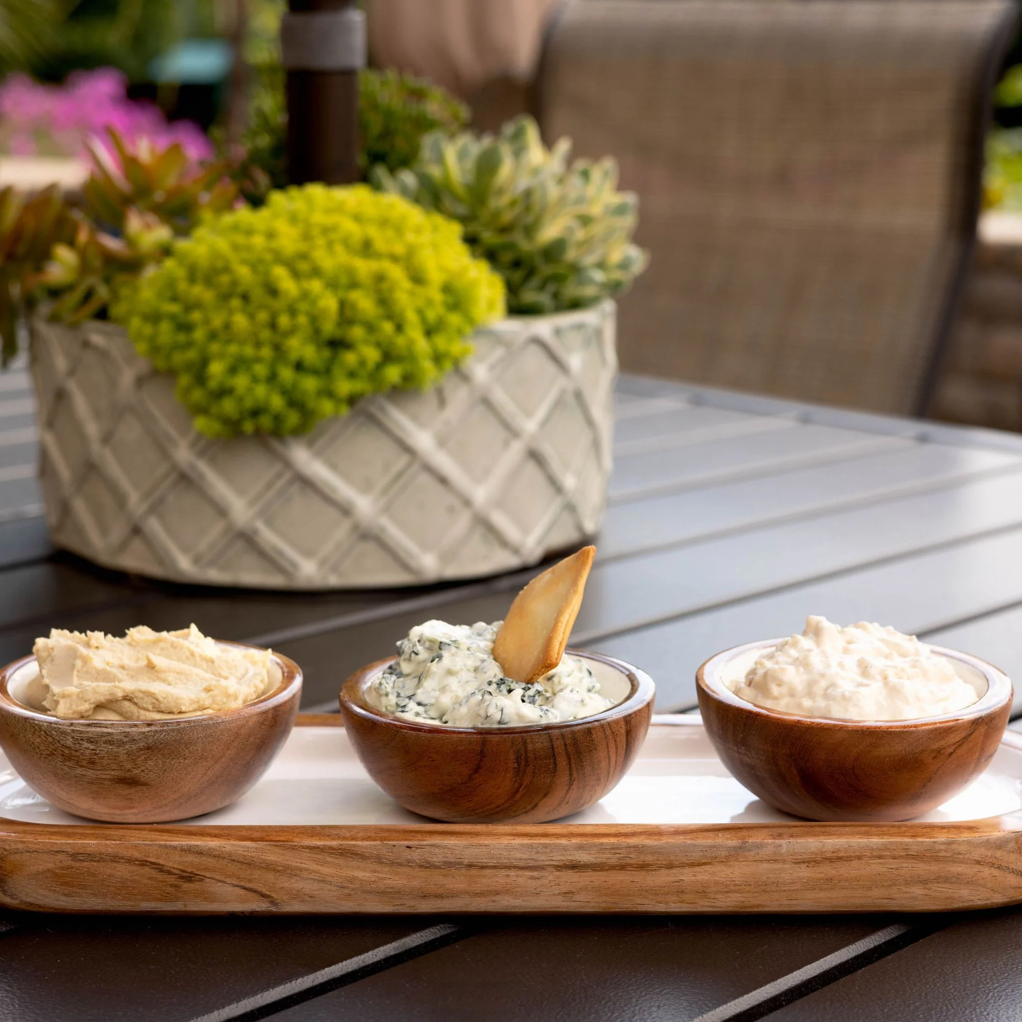 Jeanne Fitz Wood + White Collection Acacia Wood 3 Dipping Bowls and Tray - Image 2