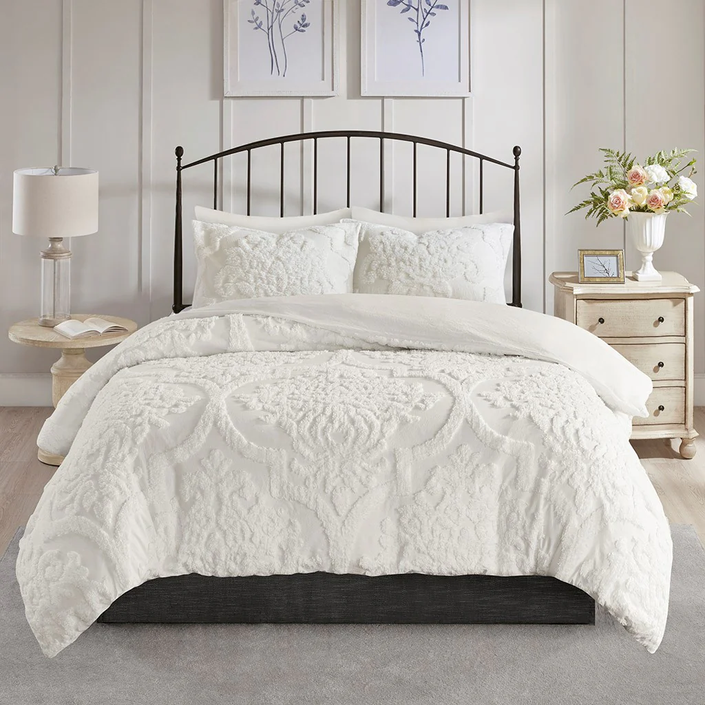 3 Piece Tufted Cotton Chenille Damask Duvet Cover Set - Image 5