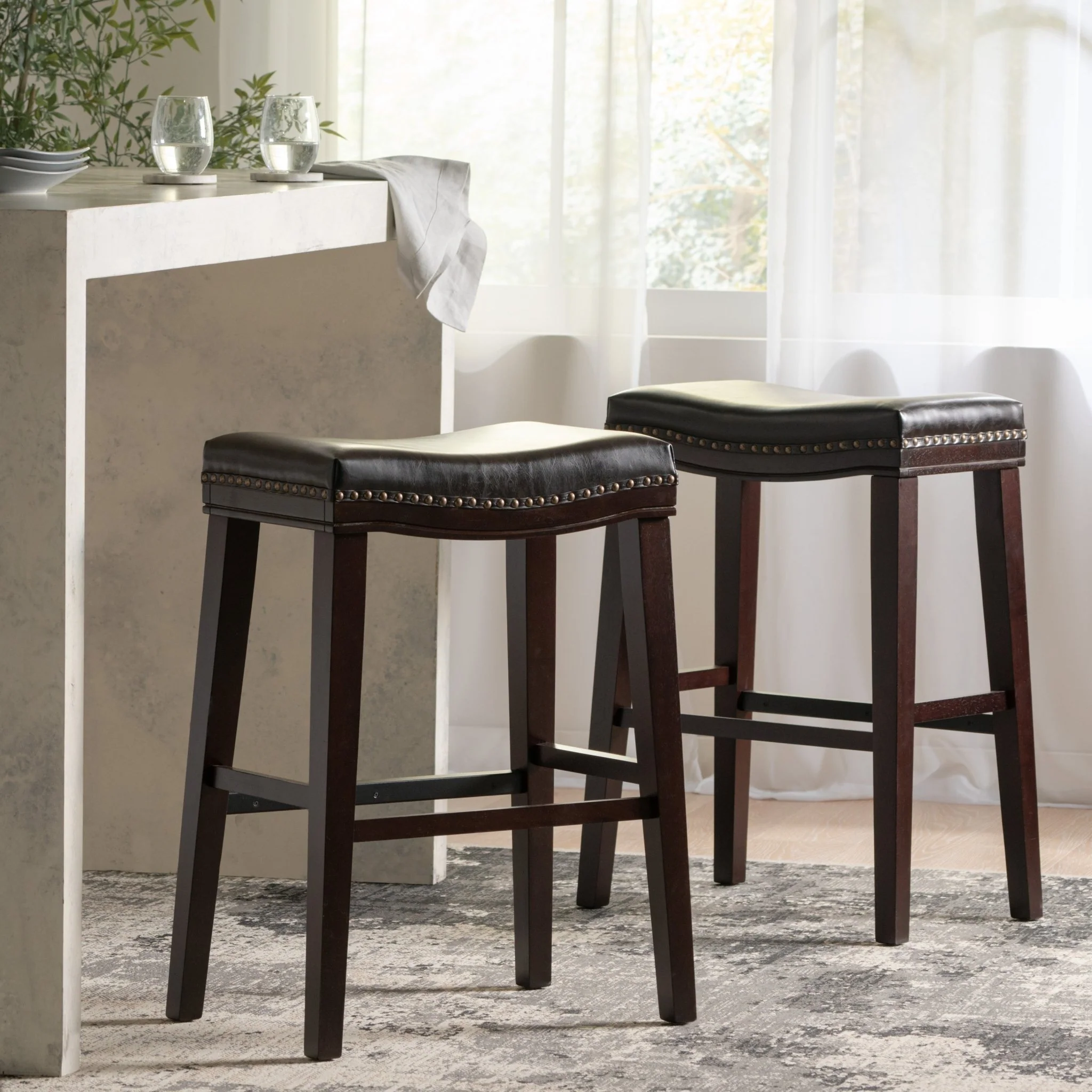 Leather Upholstered Saddle Bar Stool with Nailhead Trim - Image 7