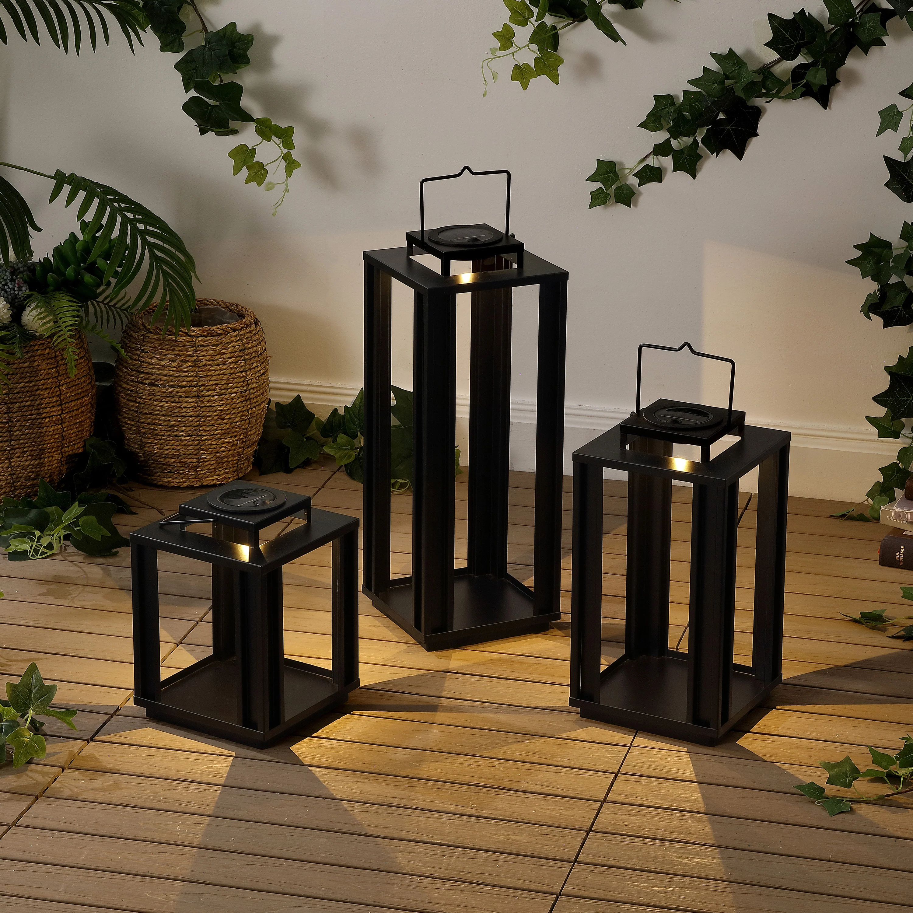 Leland Modern Industrial Integrated Indoor/Outdoor LED Solar Powered Lanterns, Set of 3 - Image 2