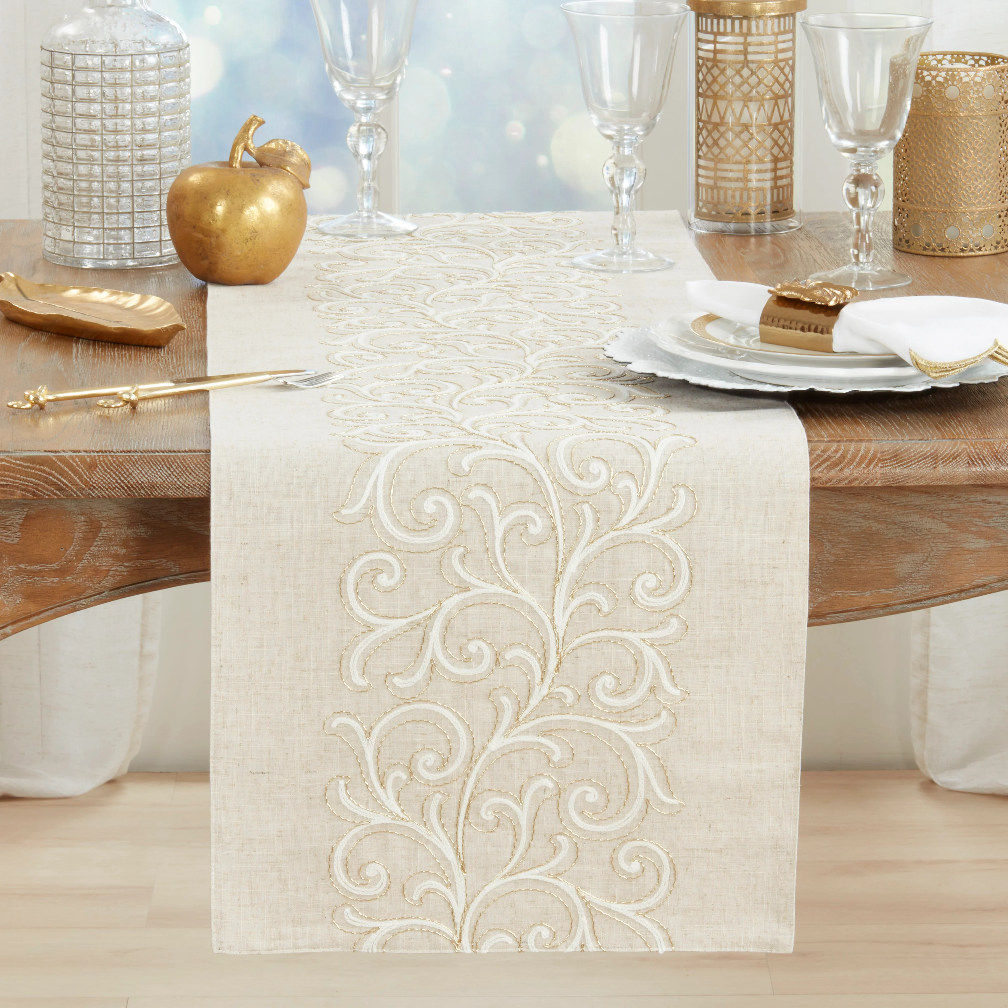 Linen Blend Embroidered Scroll Table Runner - Image 2