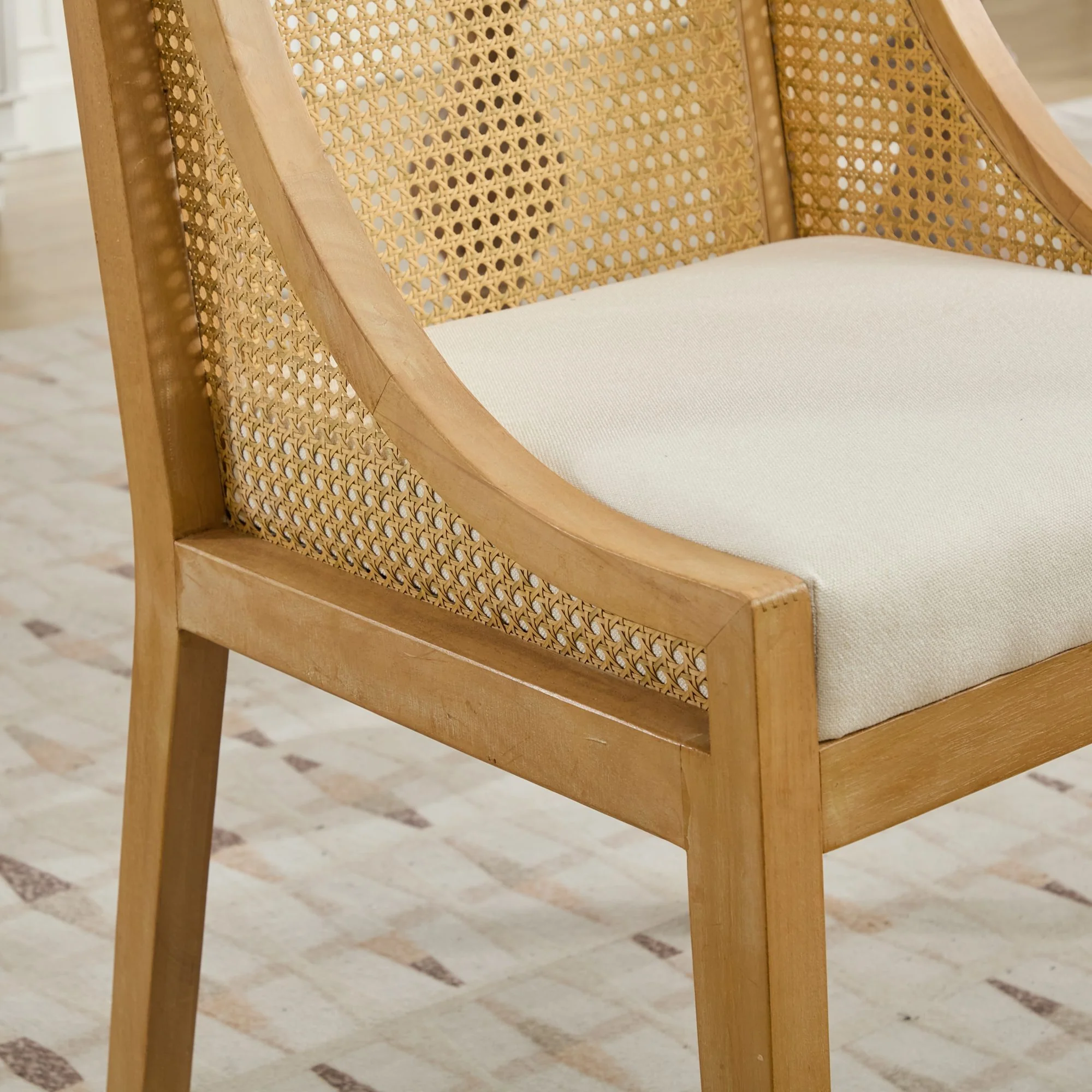 Linen Upholstered Rattan Dining Chair with Decorative Armrests - Image 13