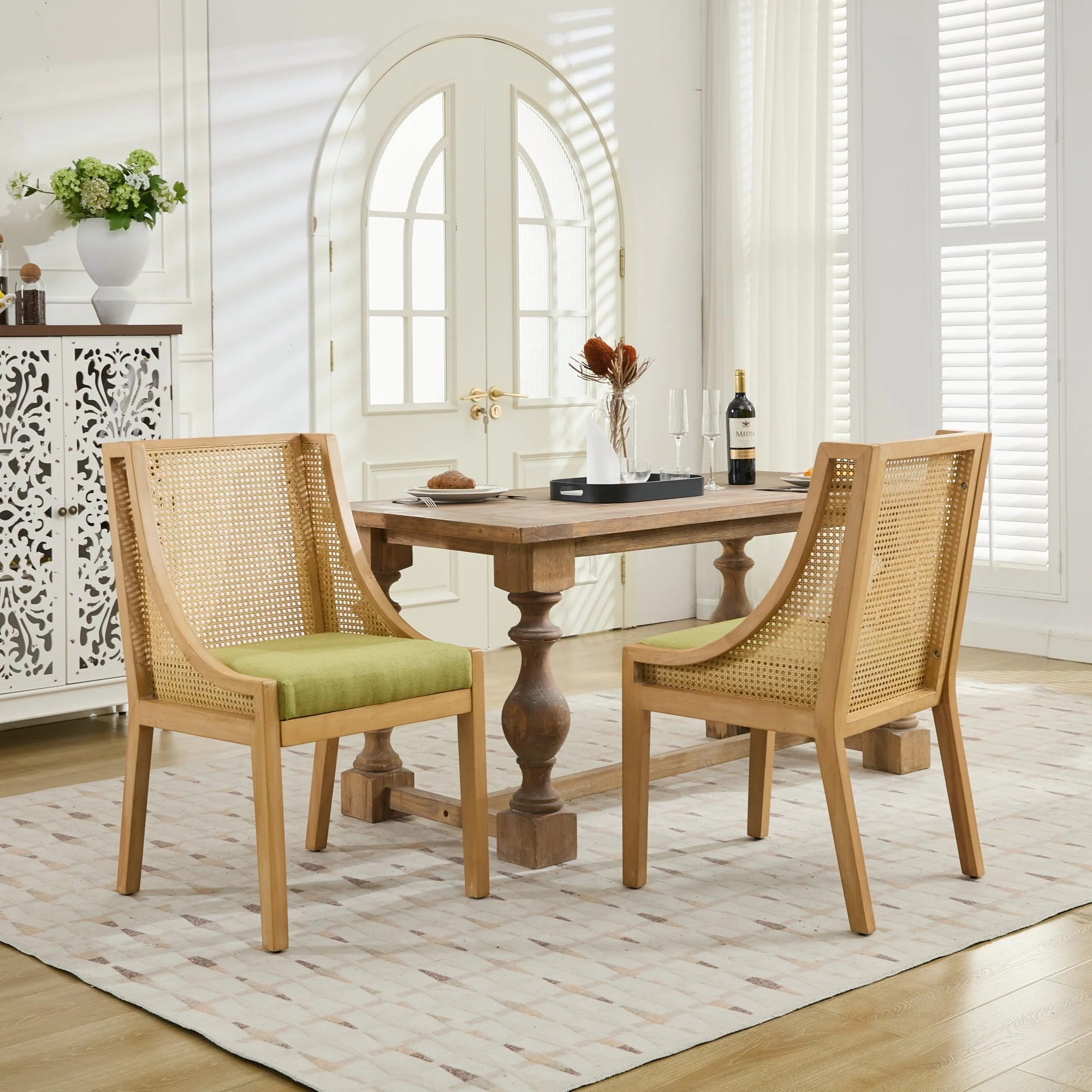 Linen Upholstered Rattan Dining Chair with Decorative Armrests - Image 40