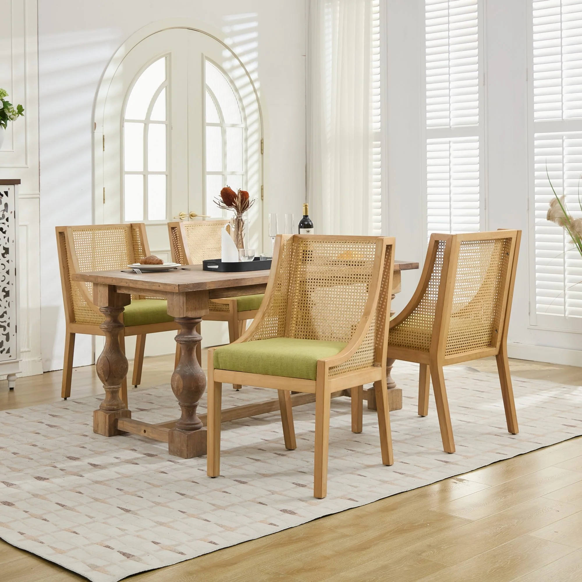 Linen Upholstered Rattan Dining Chair with Decorative Armrests - Image 47