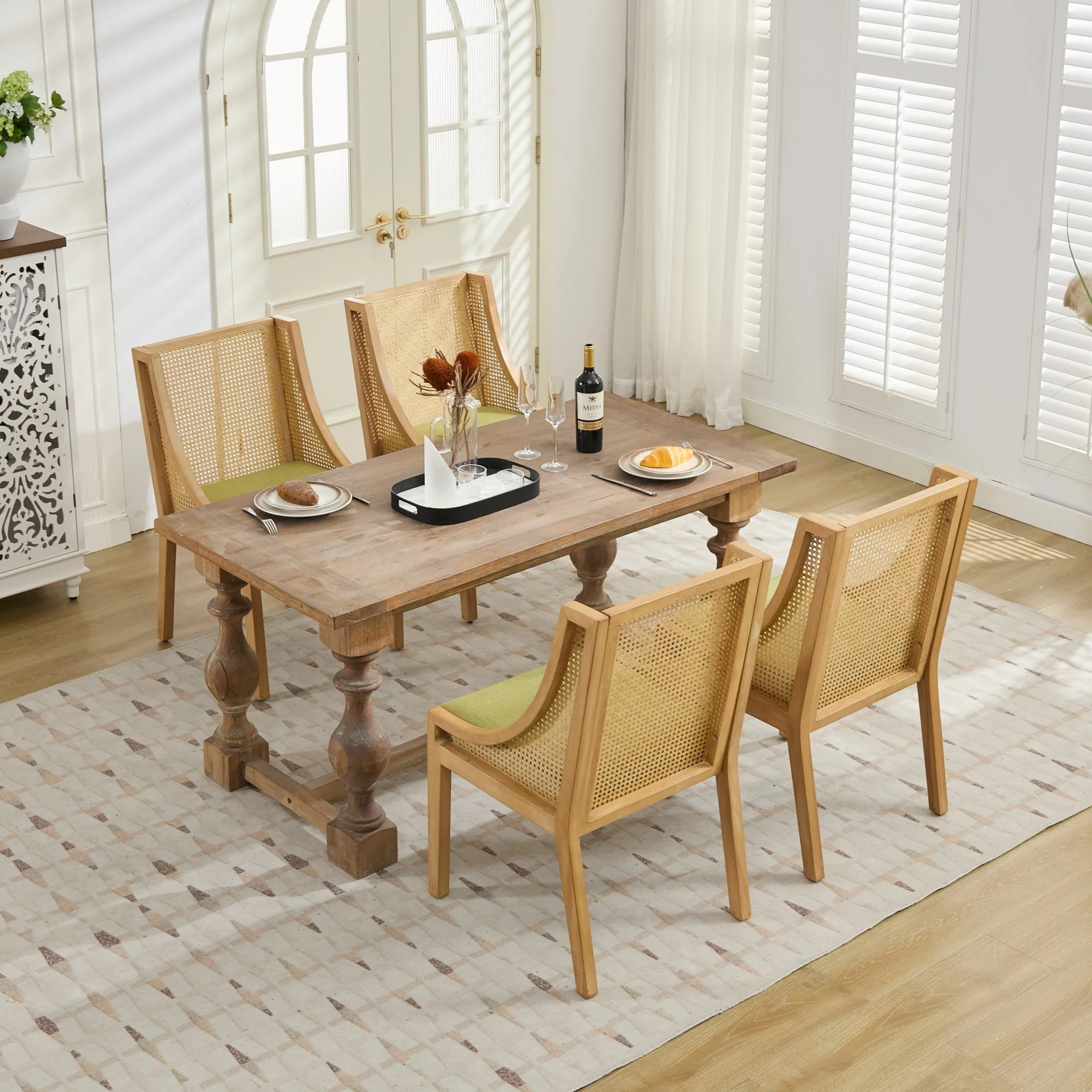 Linen Upholstered Rattan Dining Chair with Decorative Armrests - Image 48