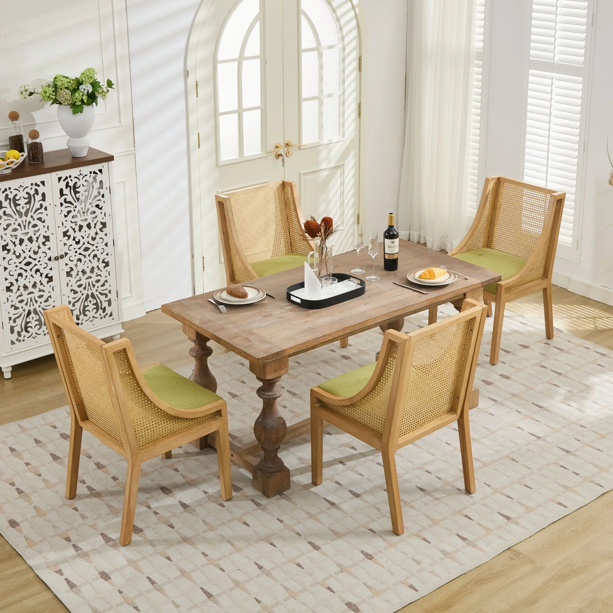Linen Upholstered Rattan Dining Chair with Decorative Armrests - Image 50
