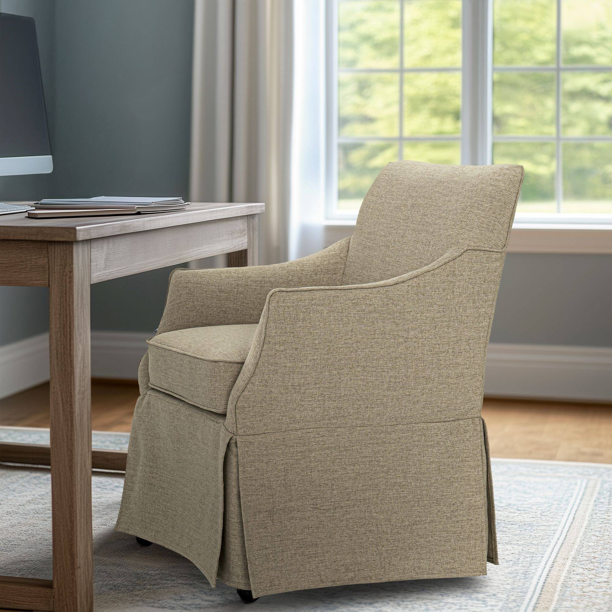 London Upholstered Skirted Dining Arm Chair with Hidden Casters - Image 7
