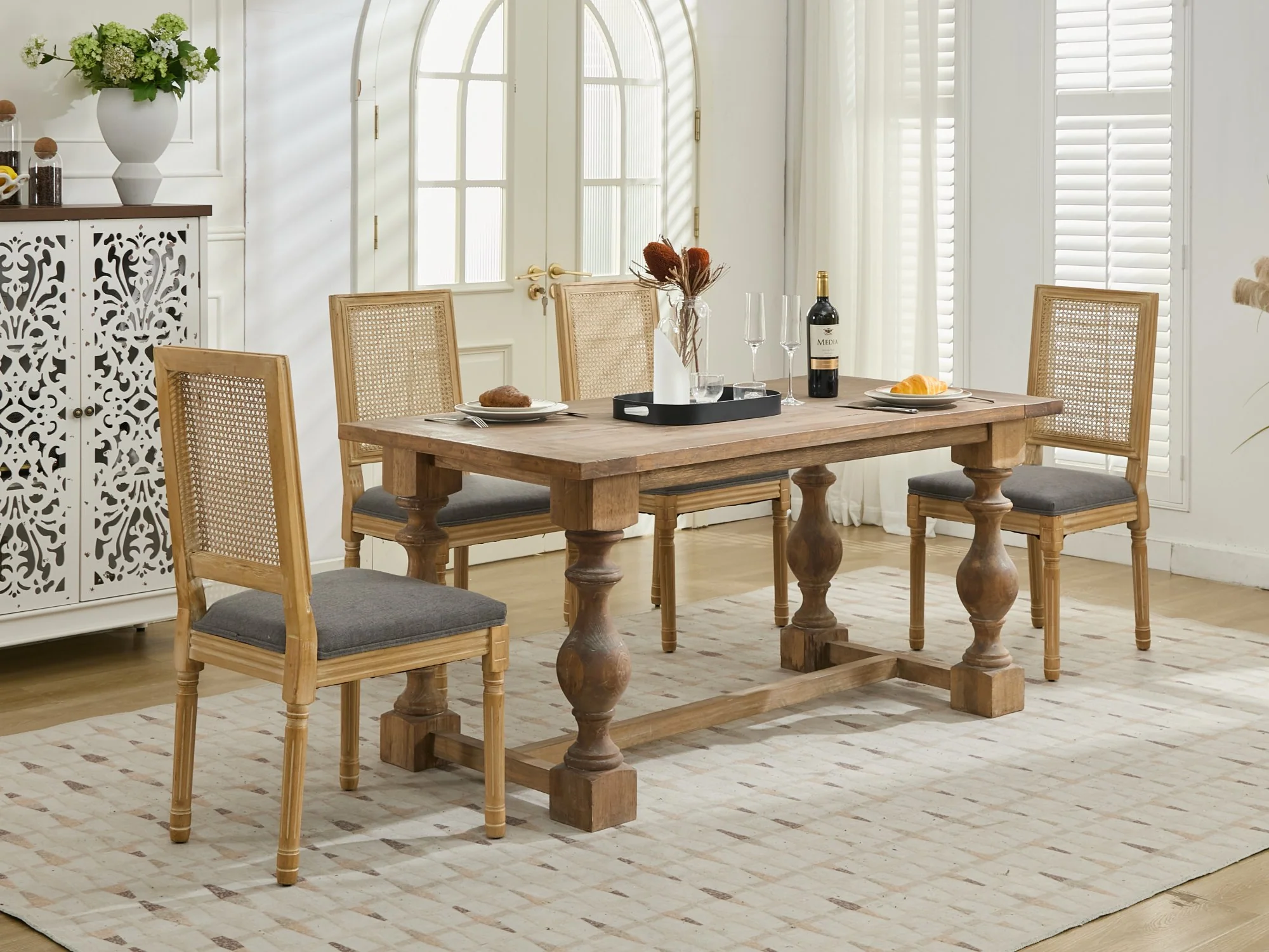 Louis French Country Dining Chairs with Square Rattan Backrest, Set of 2 - Image 52
