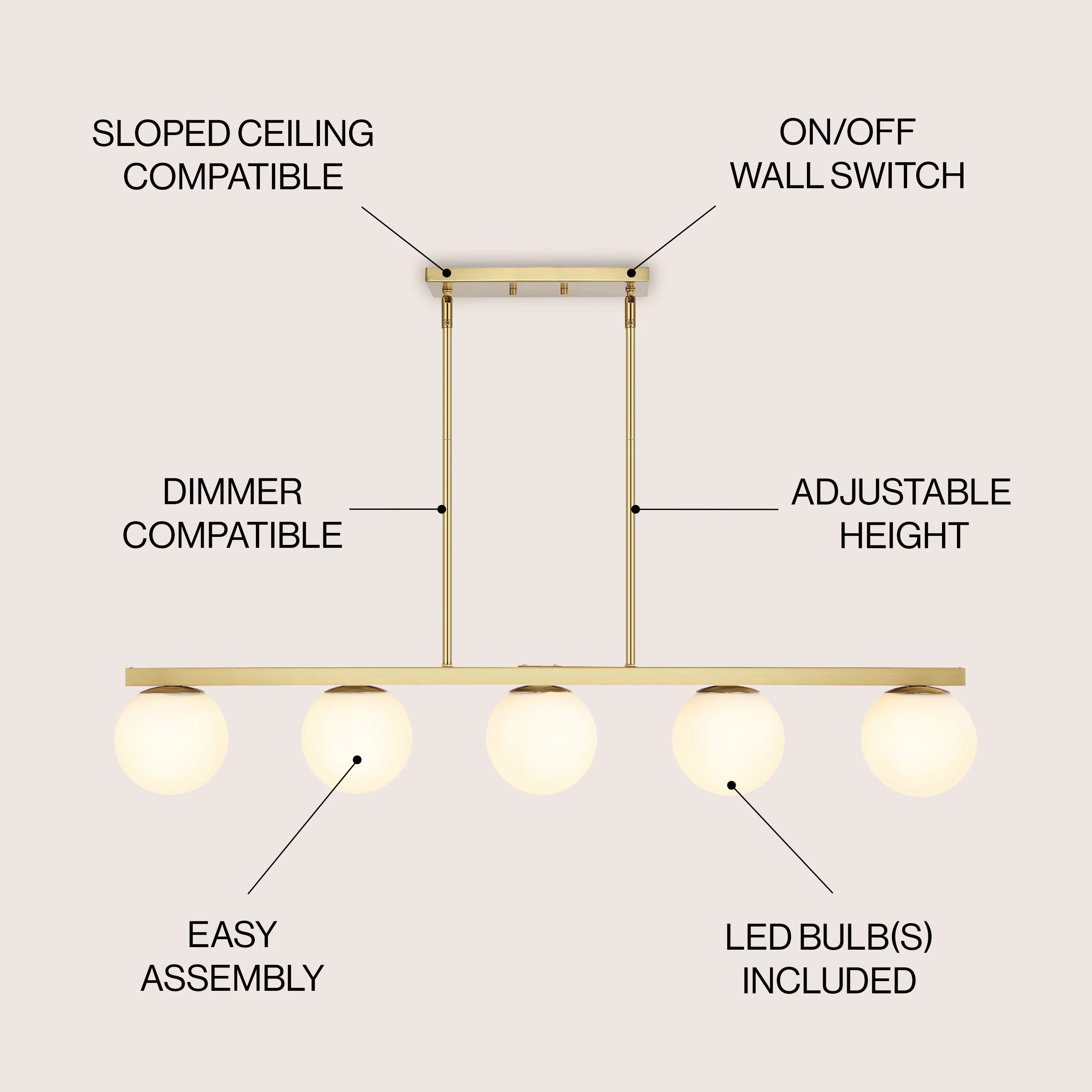 Luca 5-Light Modern Glam Iron Globe Linear LED Pendant - Image 2