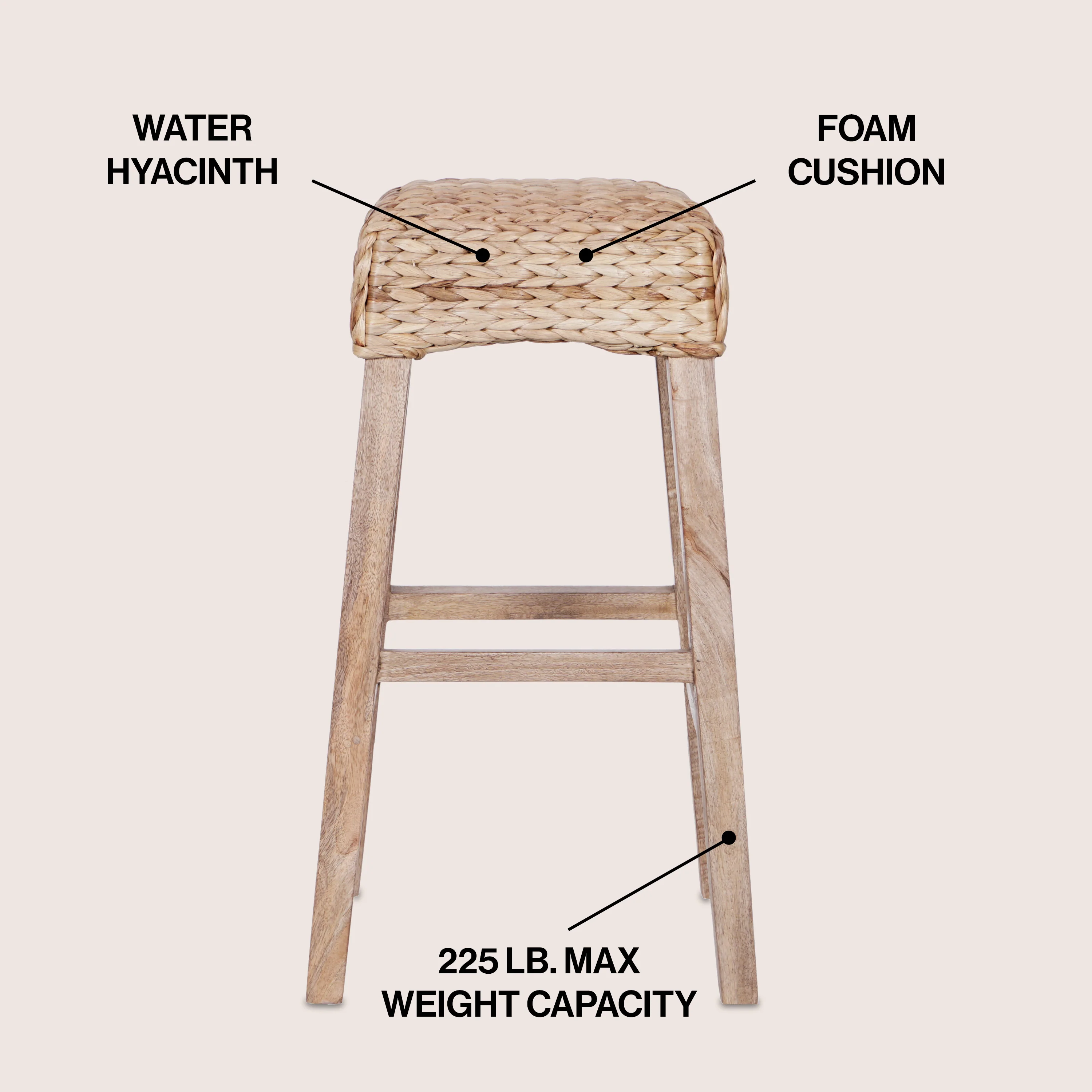 Maui Rustic Bohemian Hyacinth/Wood Backless Stool,Woven Seat with Natural Wood Frame - Image 11
