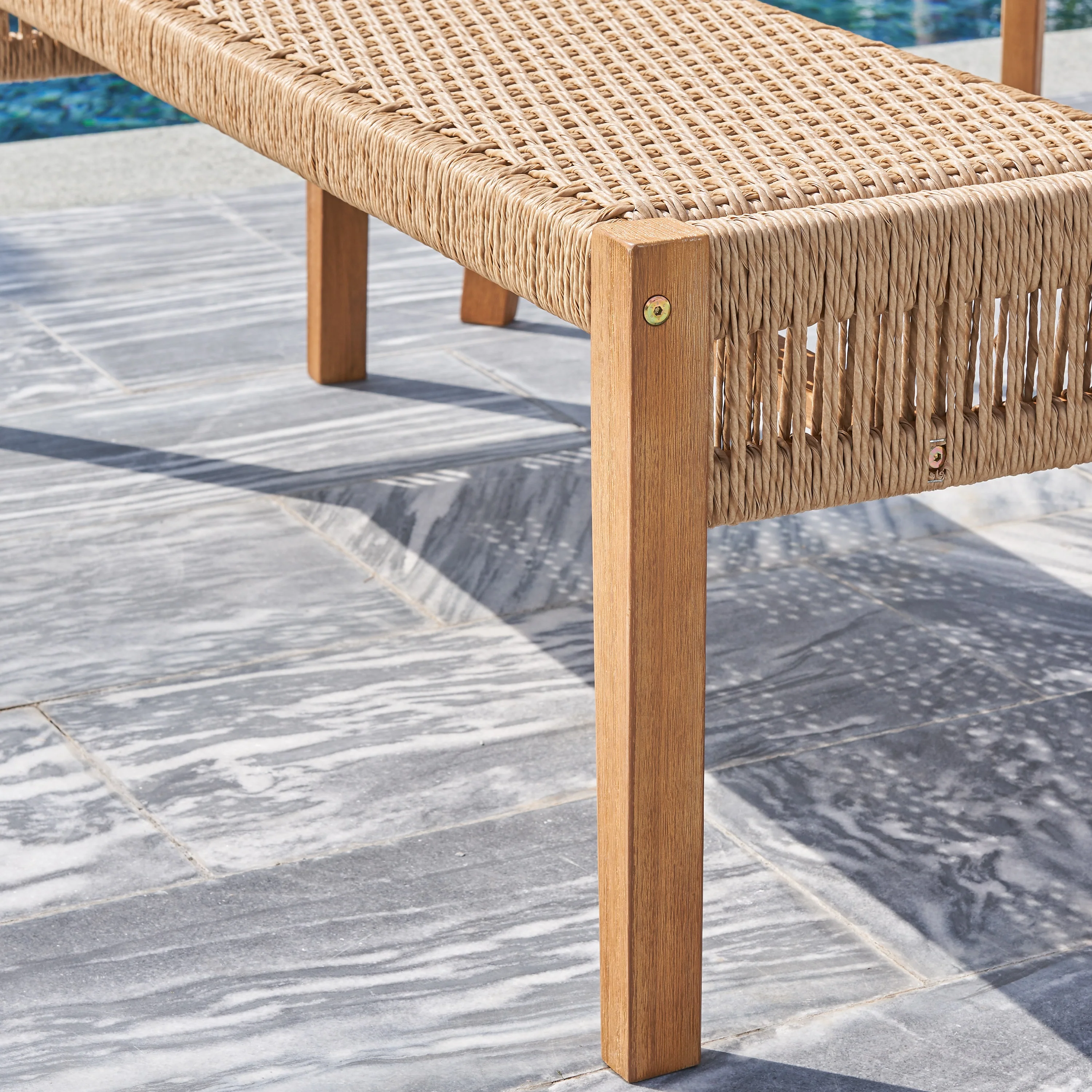 Mauricio Golden Oak Acacia Wood Mixed Strapped Rattan Garden Bench - Image 3