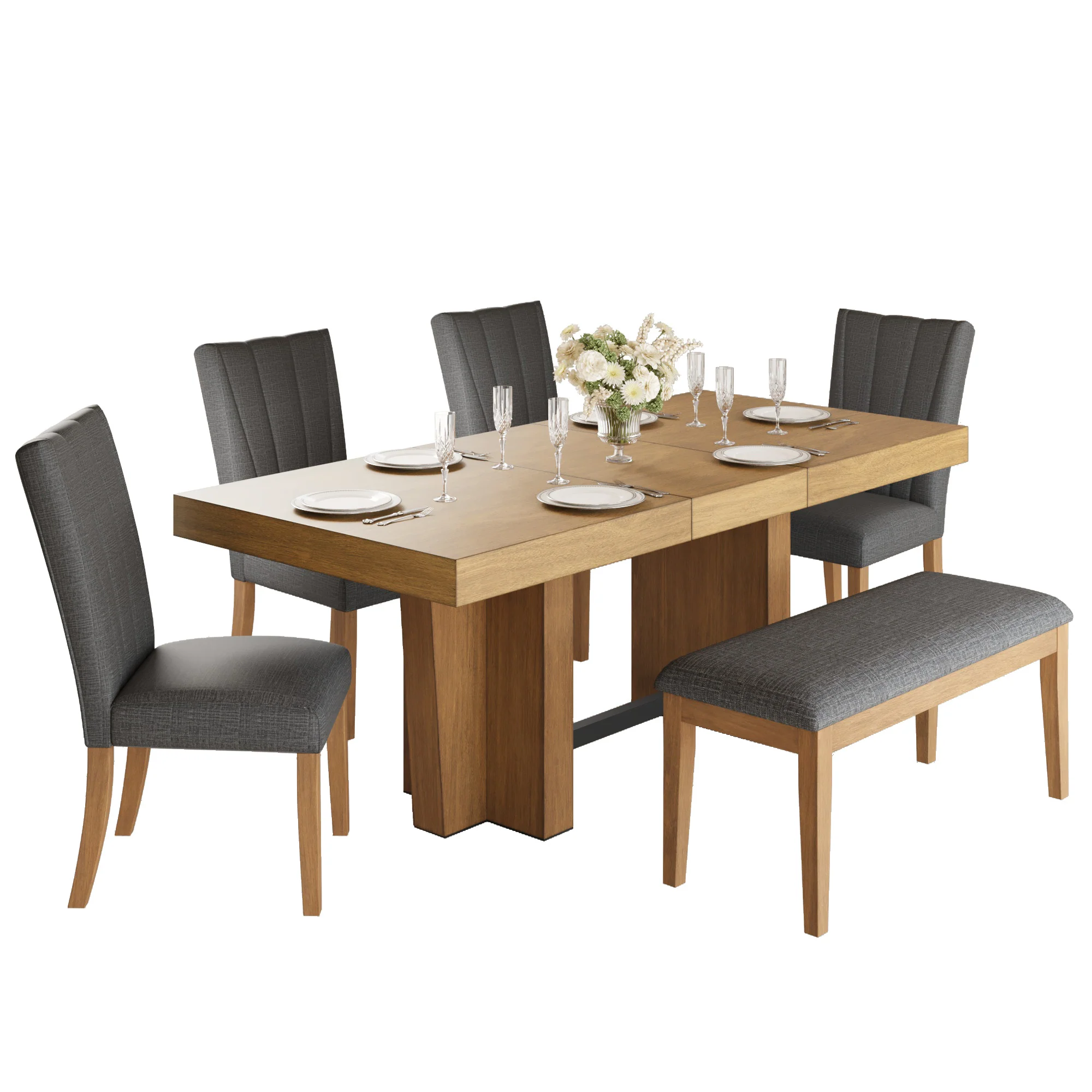 Meadowlark Farmhouse Extendable Wood Dining Table with 4 Upholstered Chairs & Bench - Image 8