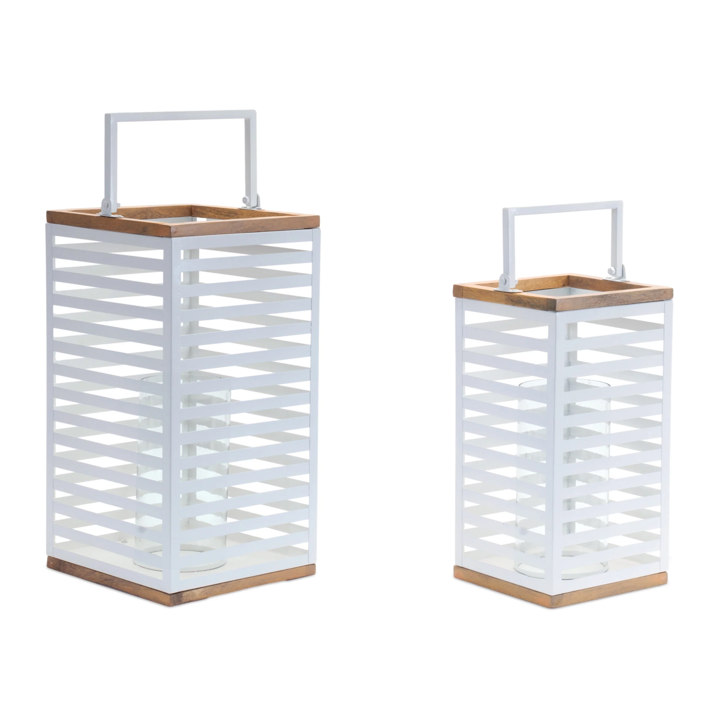 Metal Box Lantern with Natural Wood Accents, Set of 2