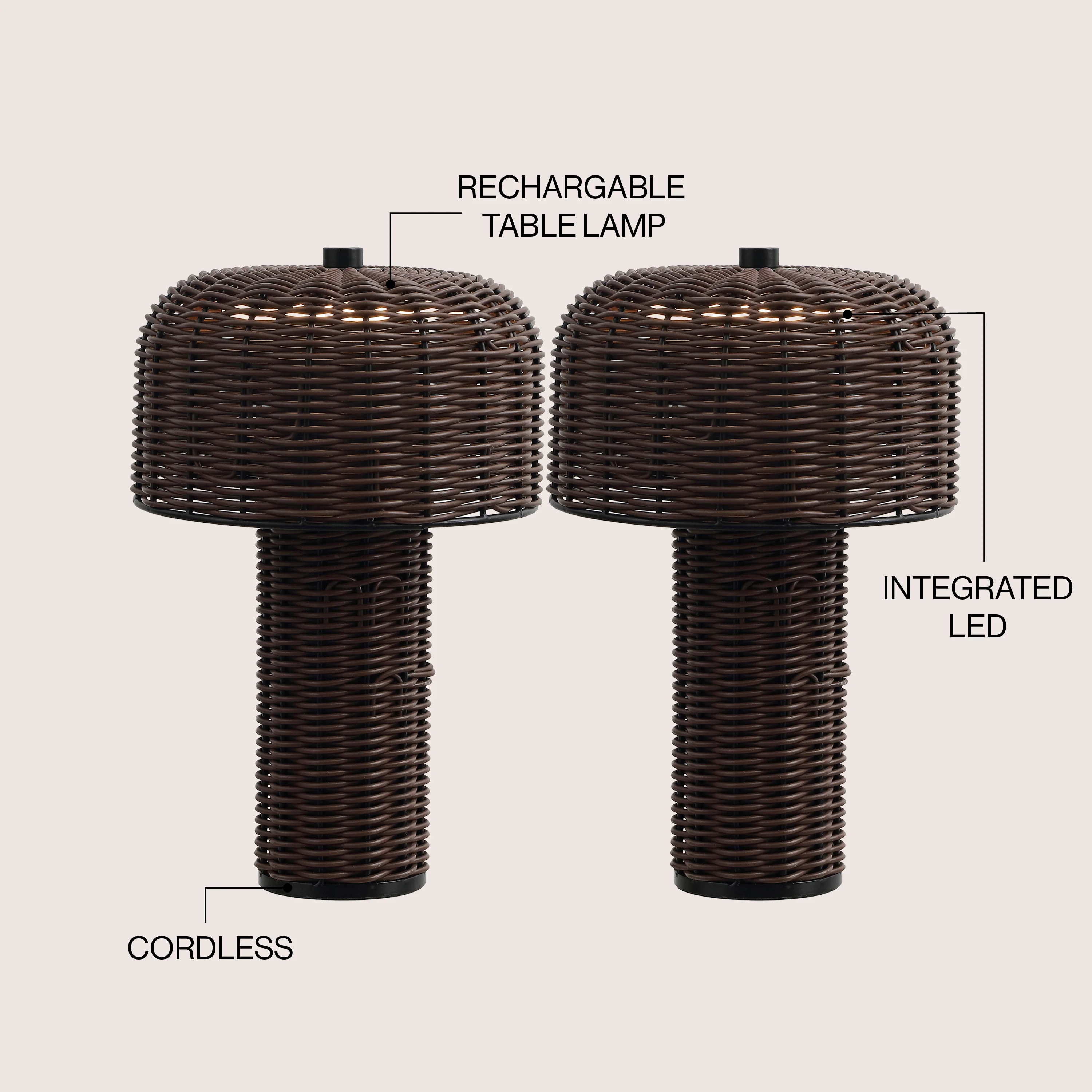 Mia 10" Modern Scandinavian Indoor/Outdoor Faux Wicker Rechargeable/Cordless Dimmable Integrated LED Table Lamp, Set of 2 - Image 3