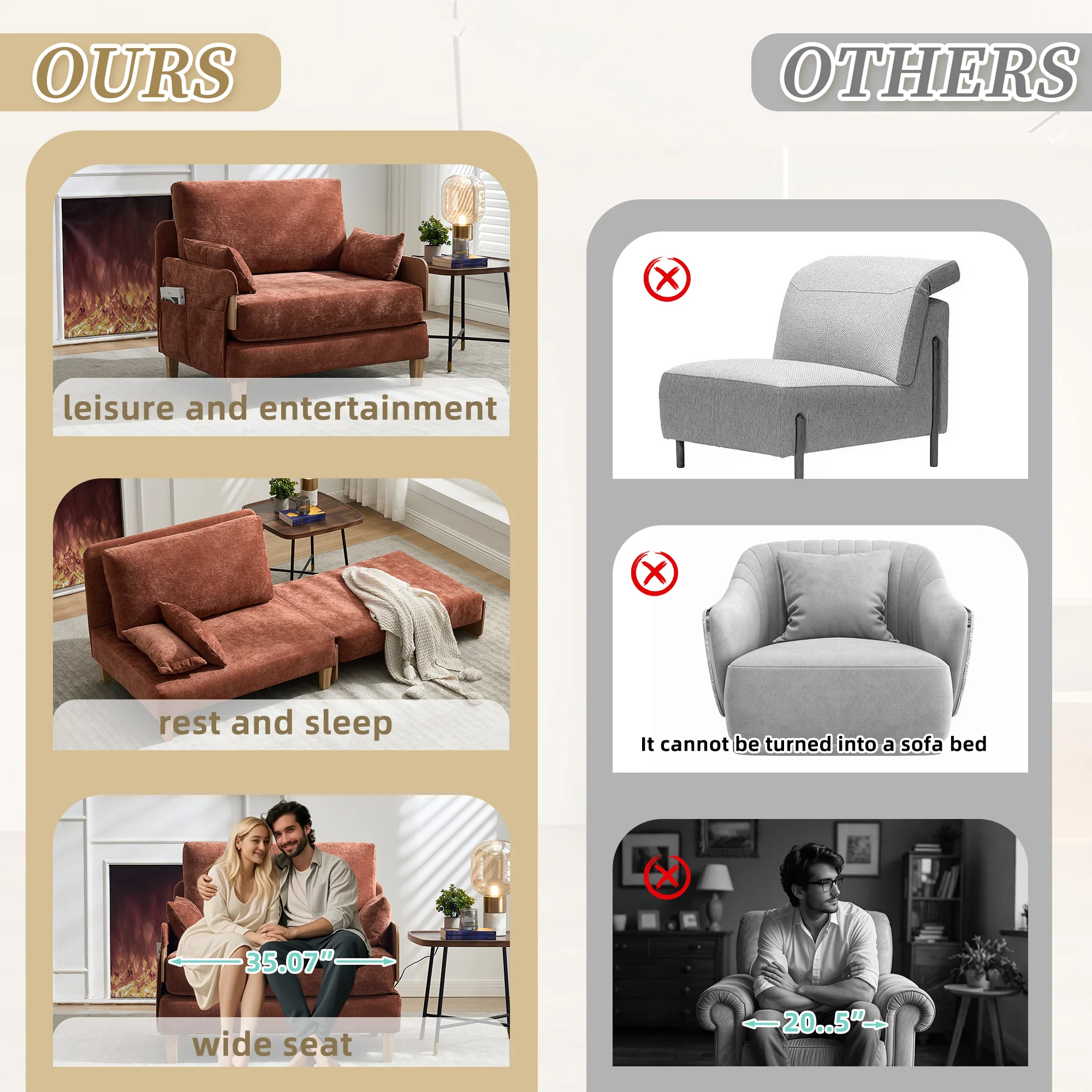 Mid-Century Modern Chenille Foldable Sofa Bed Recliner - Image 112