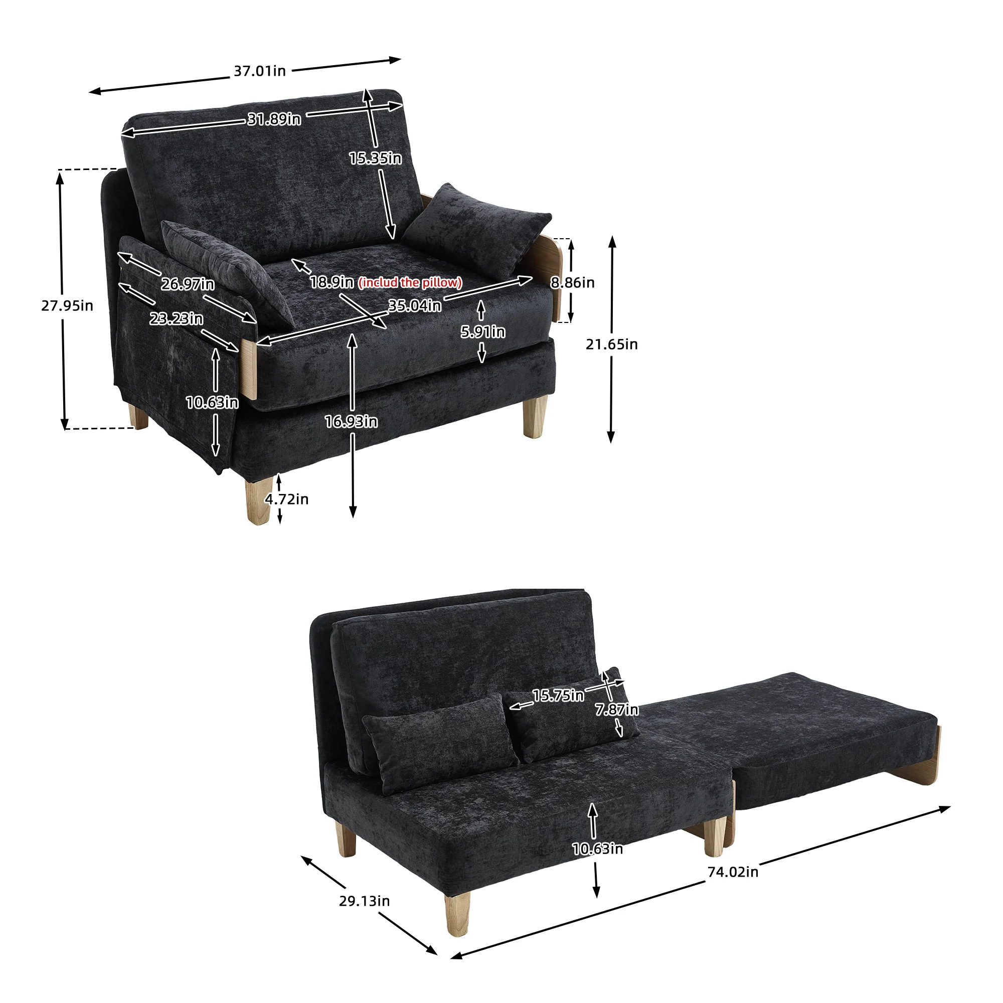 Mid-Century Modern Chenille Foldable Sofa Bed Recliner - Image 44